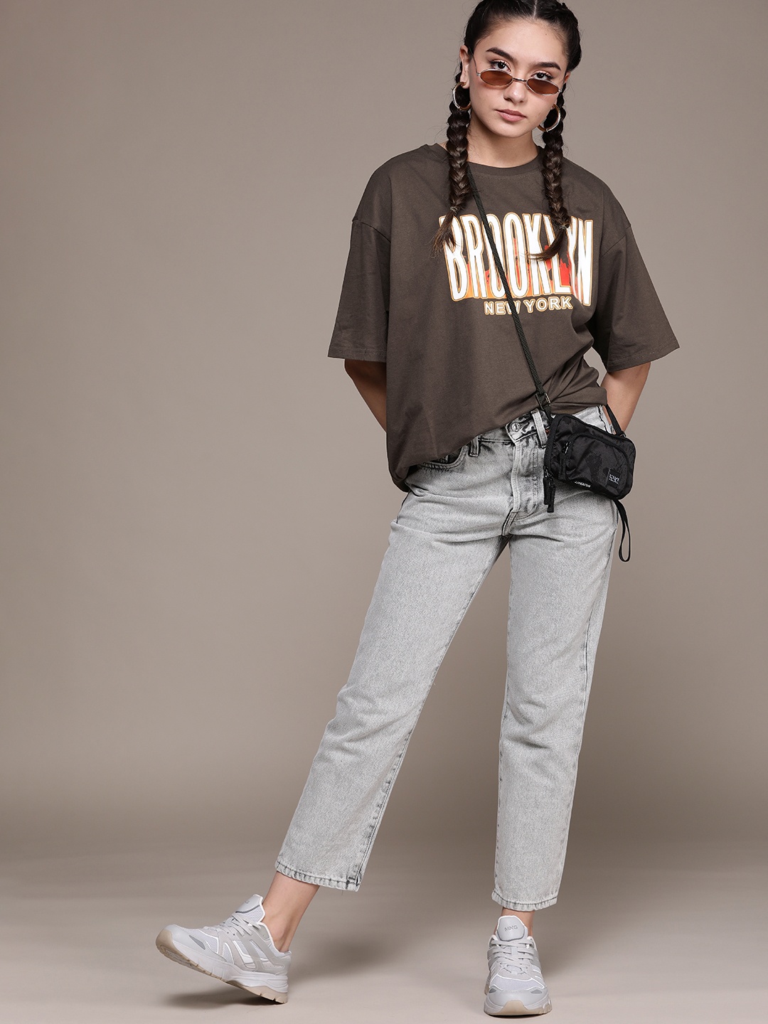 URBANIC Women Brown Typography Printed Drop-Shoulder Sleeves T-shirt