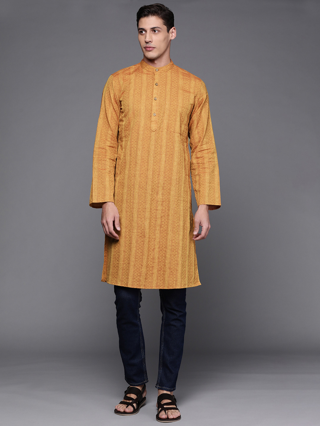 Fabindia Men Mustard Yellow & Orange Pure Cotton Striped Dobby Kurta 
Fabindia Men Mustard Yellow & Orange Pure Cotton Striped Dobby Kurta