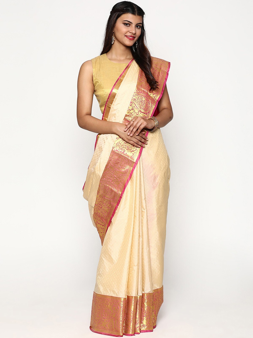 Sudarshan Silks Cream-Coloured & Gold-Toned Woven Design Zari Silk Blend Kanjeevaram Saree
Sudarshan Silks Cream-Coloured & Gold-Toned Woven Design Zari Silk Blend Kanjeevaram Saree