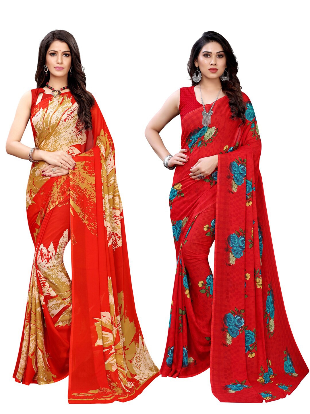 KALINI Pack Of 2 Red & Blue Floral Saree