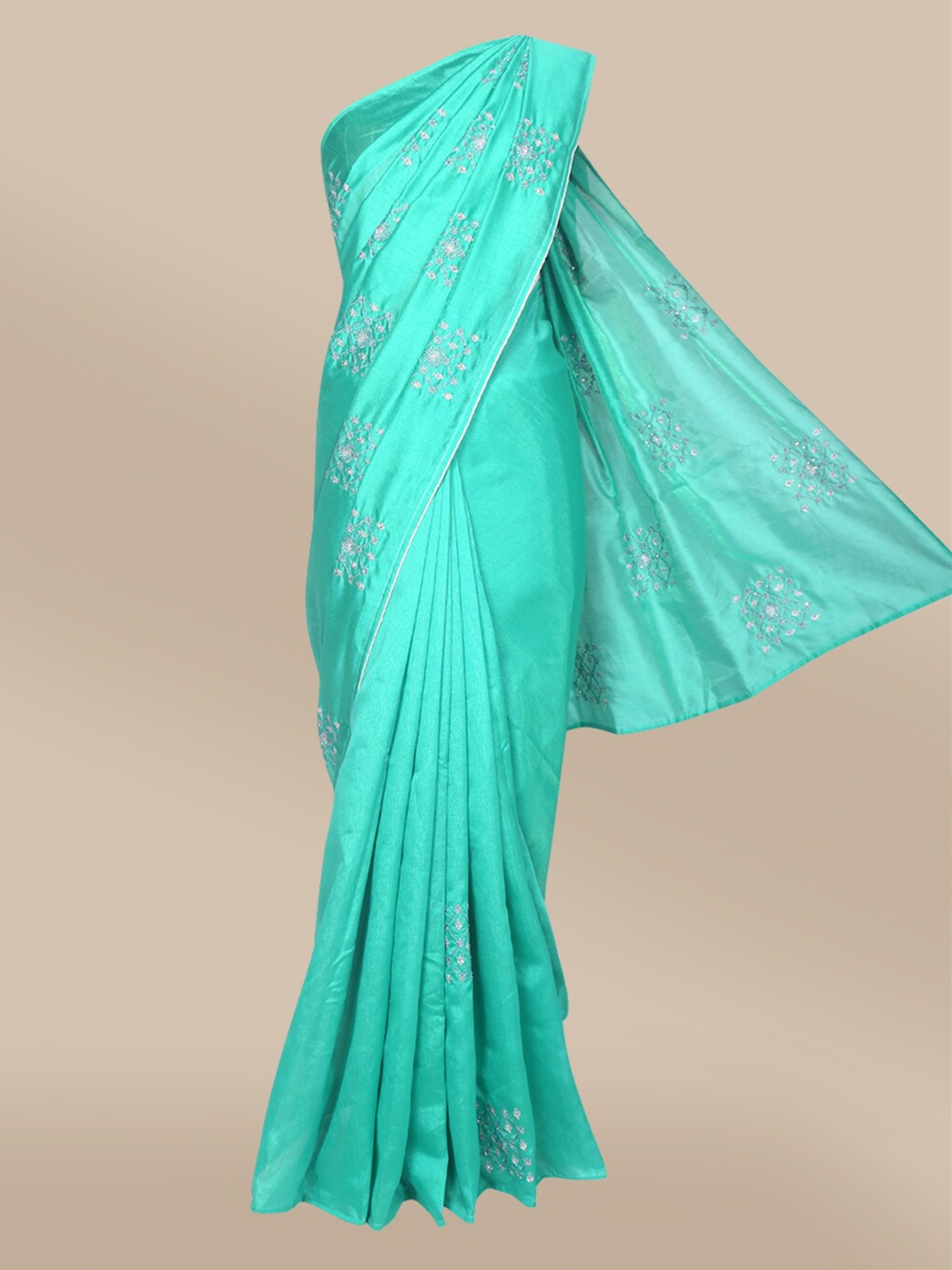 The Chennai Silks Green & White Embellished Saree