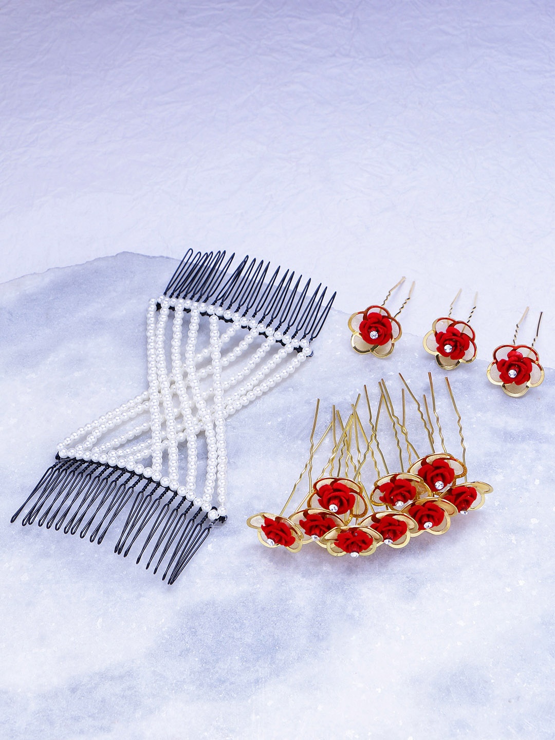 Yellow Chimes Women Red & Gold Hair Accessory Set with Hair Bun Decorative Pearl Comb
Yellow Chimes Women Red & Gold Hair Accessory Set with Hair Bun Decorative Pearl Comb