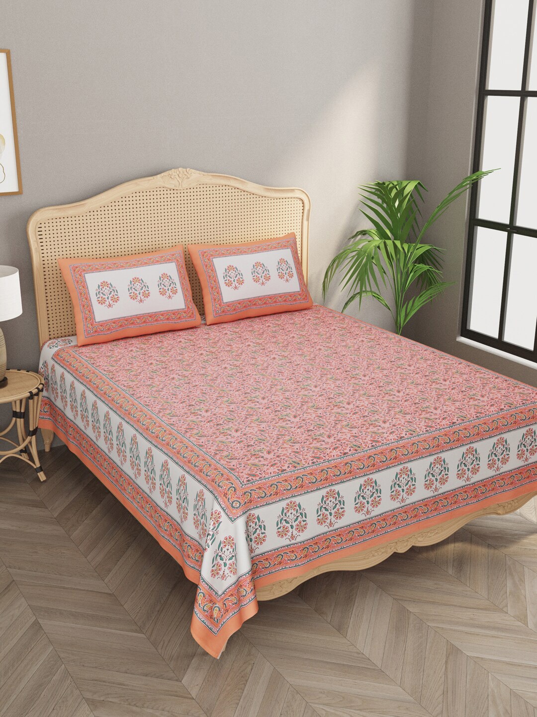 Gulaab Jaipur Pink & Off White Floral Handblock print 600 TC King Bedsheet with 2 Pillow Covers
Gulaab Jaipur Pink & Off White Floral Handblock print 600 TC King Bedsheet with 2 Pillow Covers