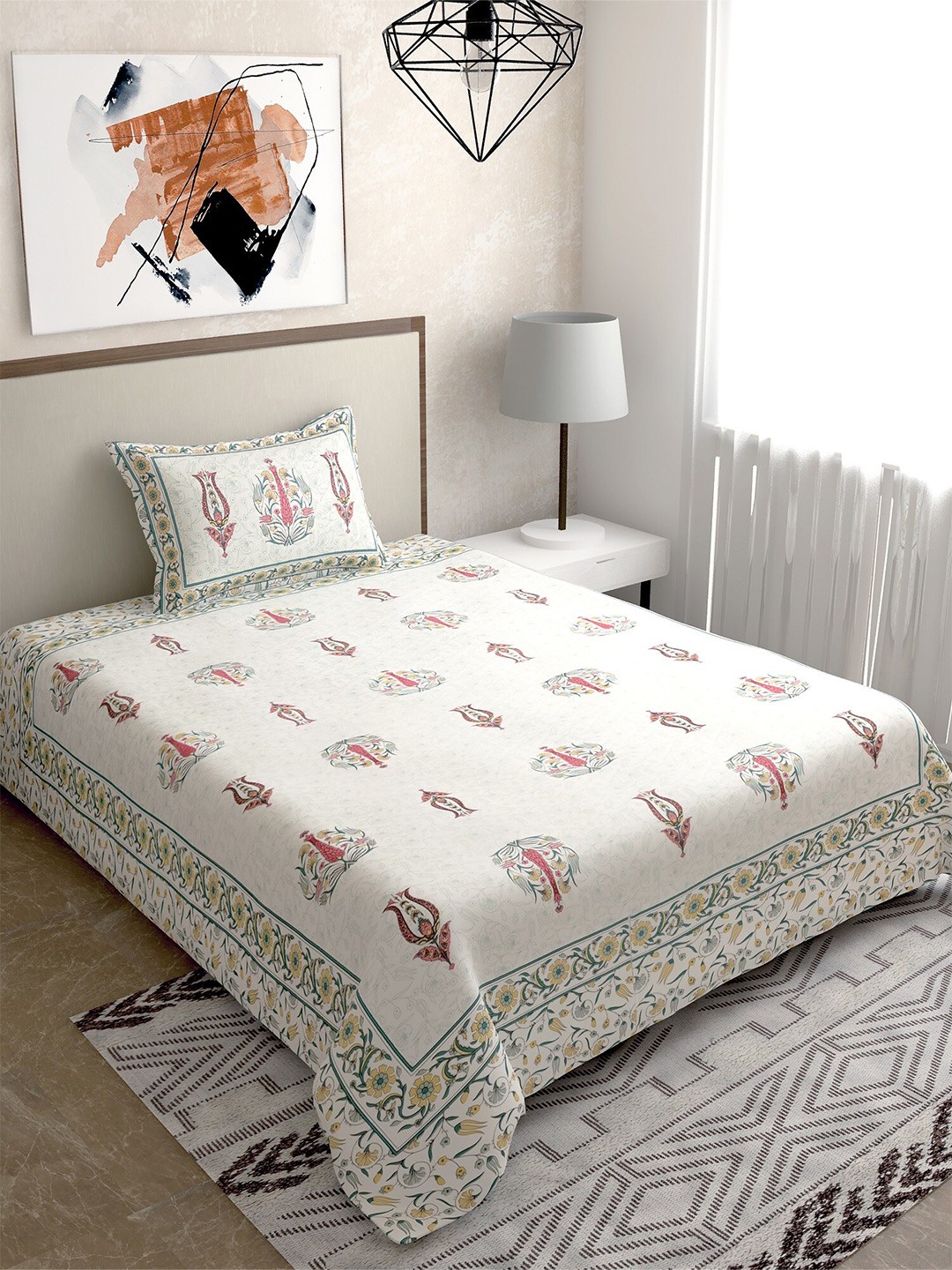 Salona Bichona Jaipuri Printed Cotton 120 TC Single Bedsheet with Pillow Cover, White
Salona Bichona Jaipuri Printed Cotton 120 TC Single Bedsheet with Pillow Cover, White
