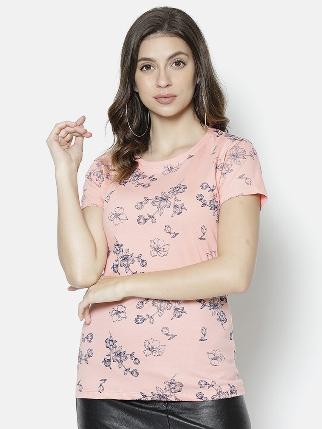 V2 Value & Variety Peach-Coloured & Blue Floral Regular Top