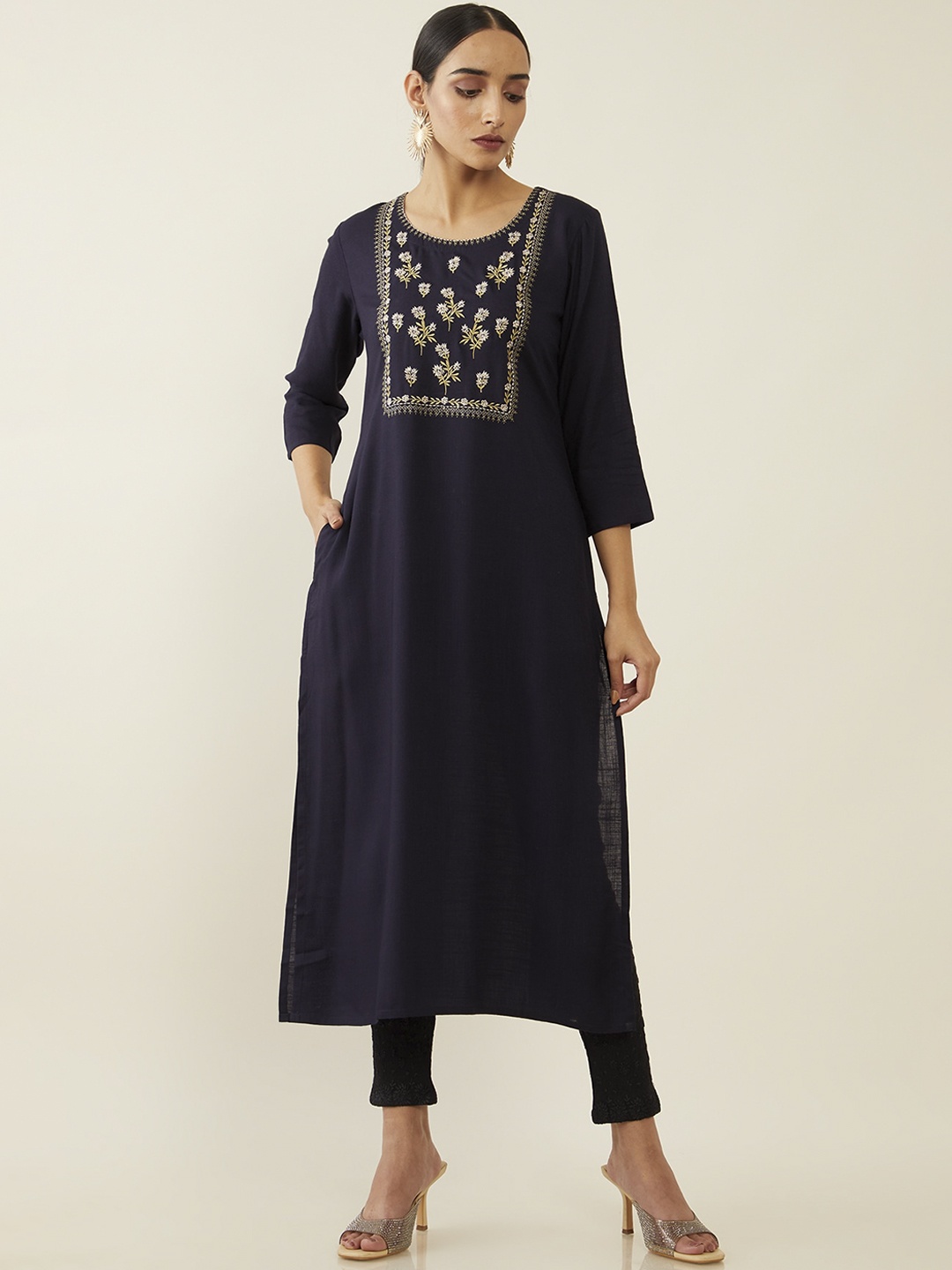 Soch Women Navy Blue Ethnic Motifs Yoke Design Thread Work Kurta