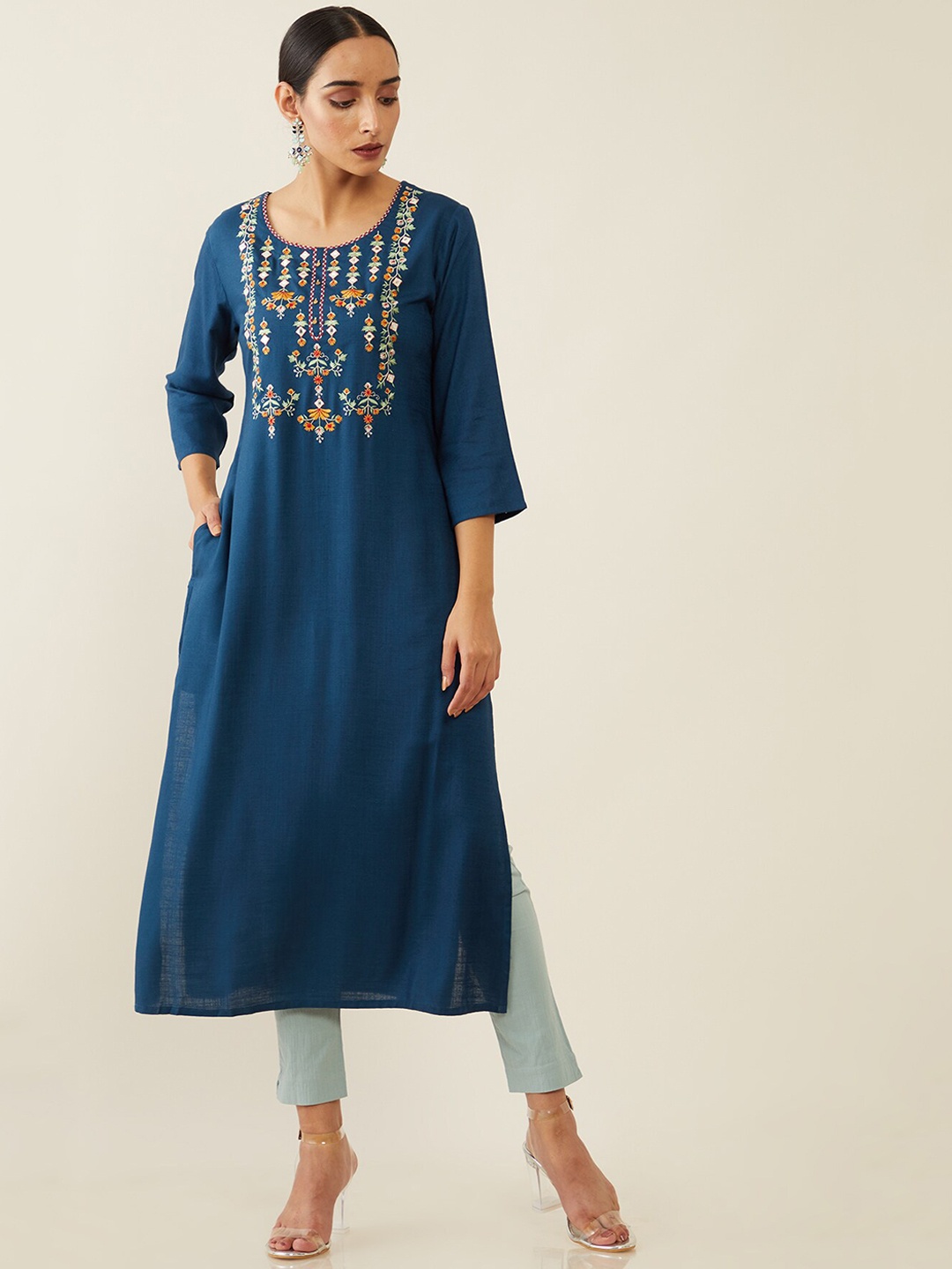 Soch Women Blue Ethnic Motifs Yoke Design Thread Work Kurta