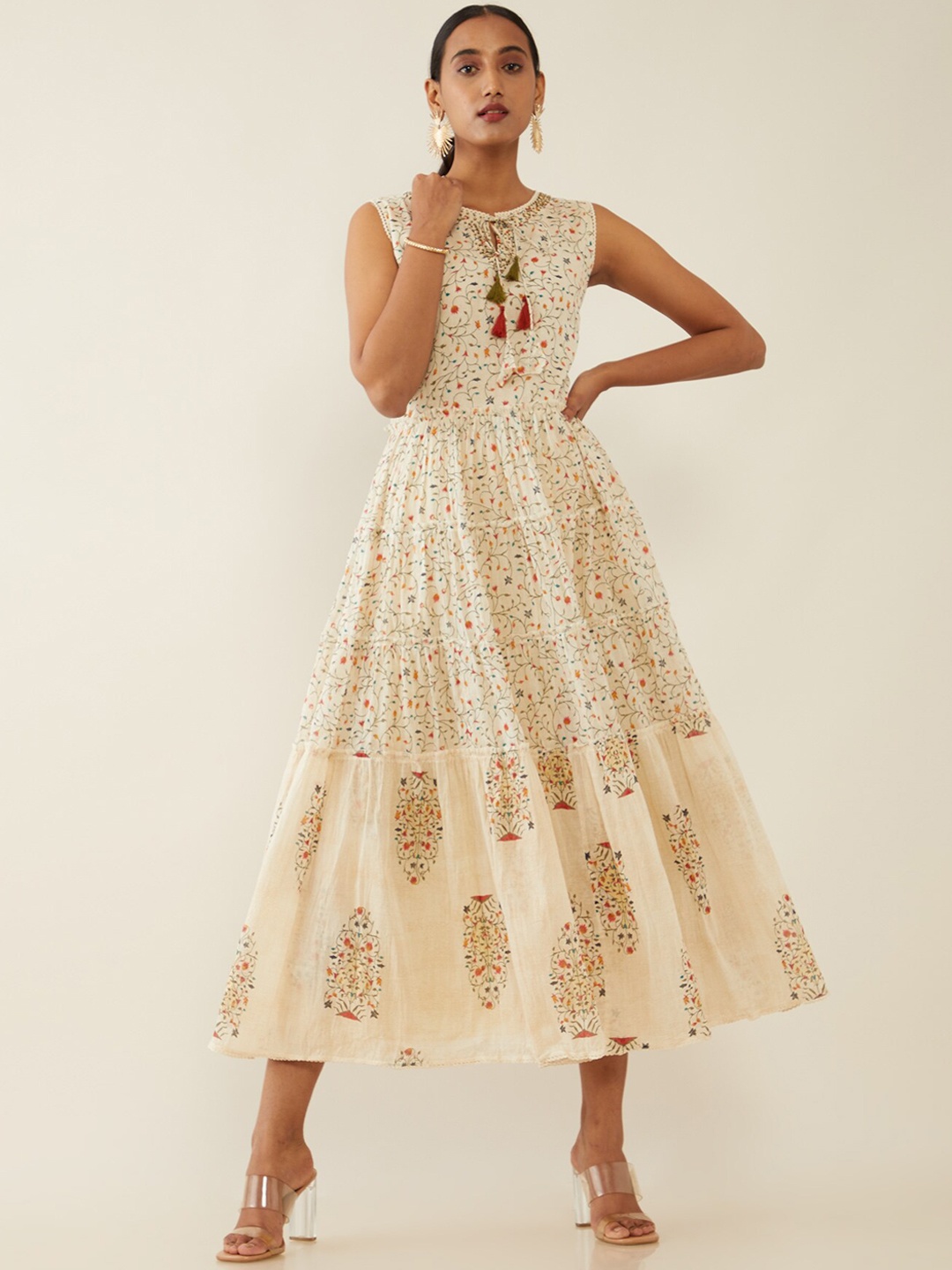 Soch Cream-Coloured Ethnic Motifs Tie-Up Neck Ethnic A-Line Midi Dress