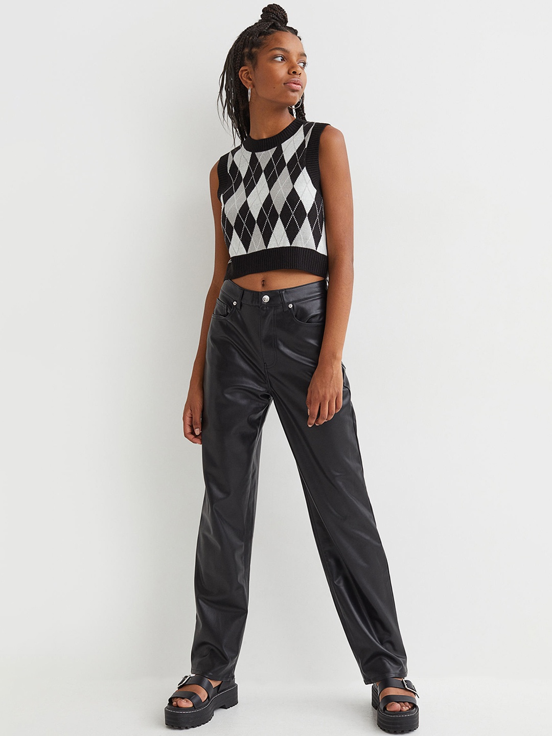 H&M Women Black Imitation Leather Trousers