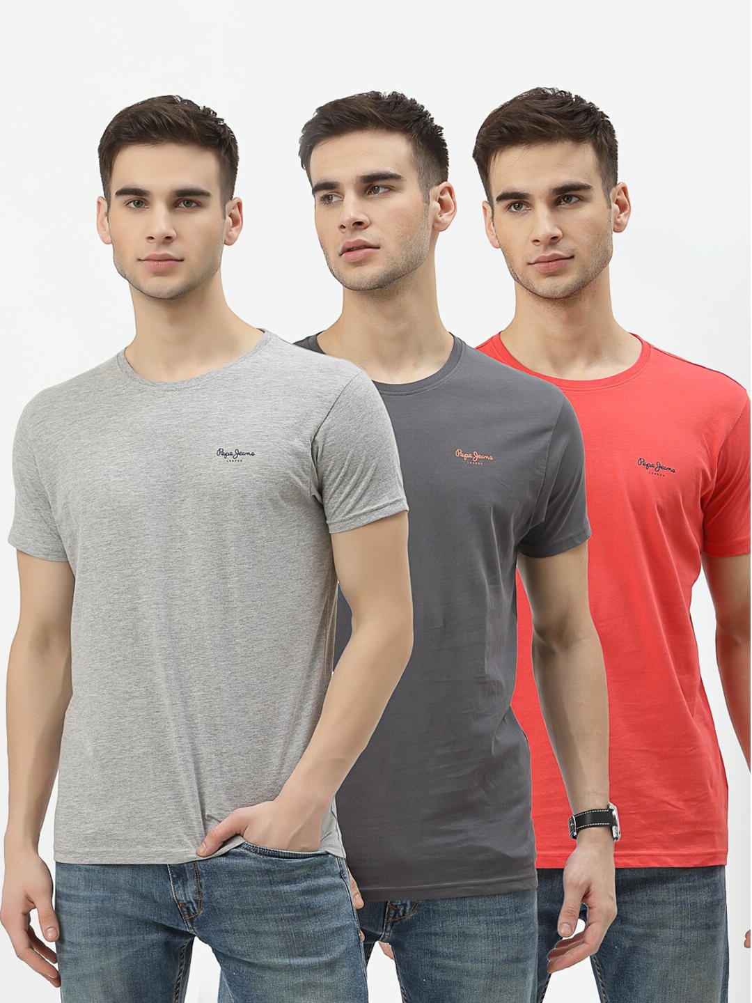 Pepe Jeans Men Pack Of 3 Coral & Grey Brand Logo Pure CottonT-shirts