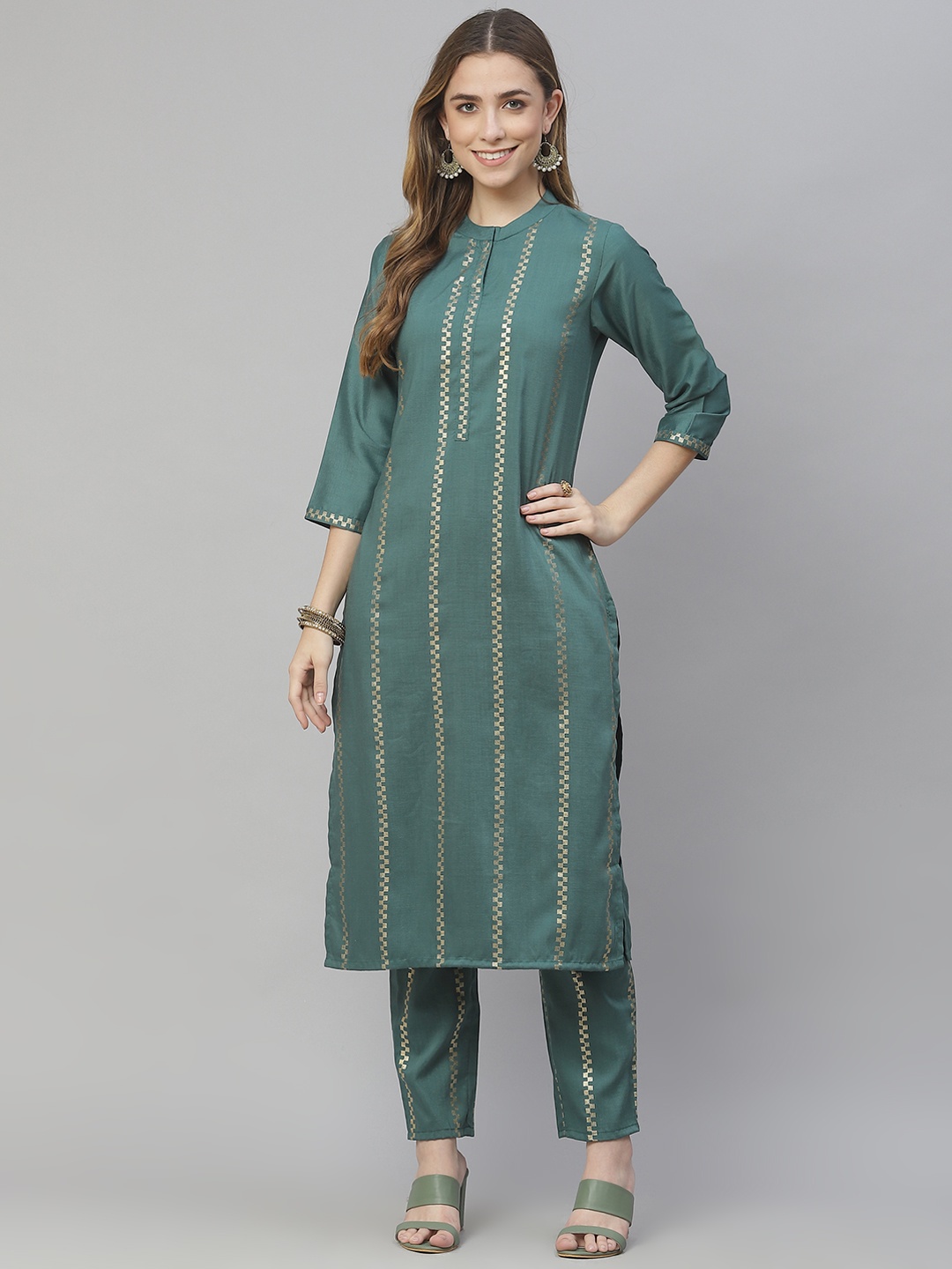 ZIYAA Women Green Printed Regular Kurta with Trousers
