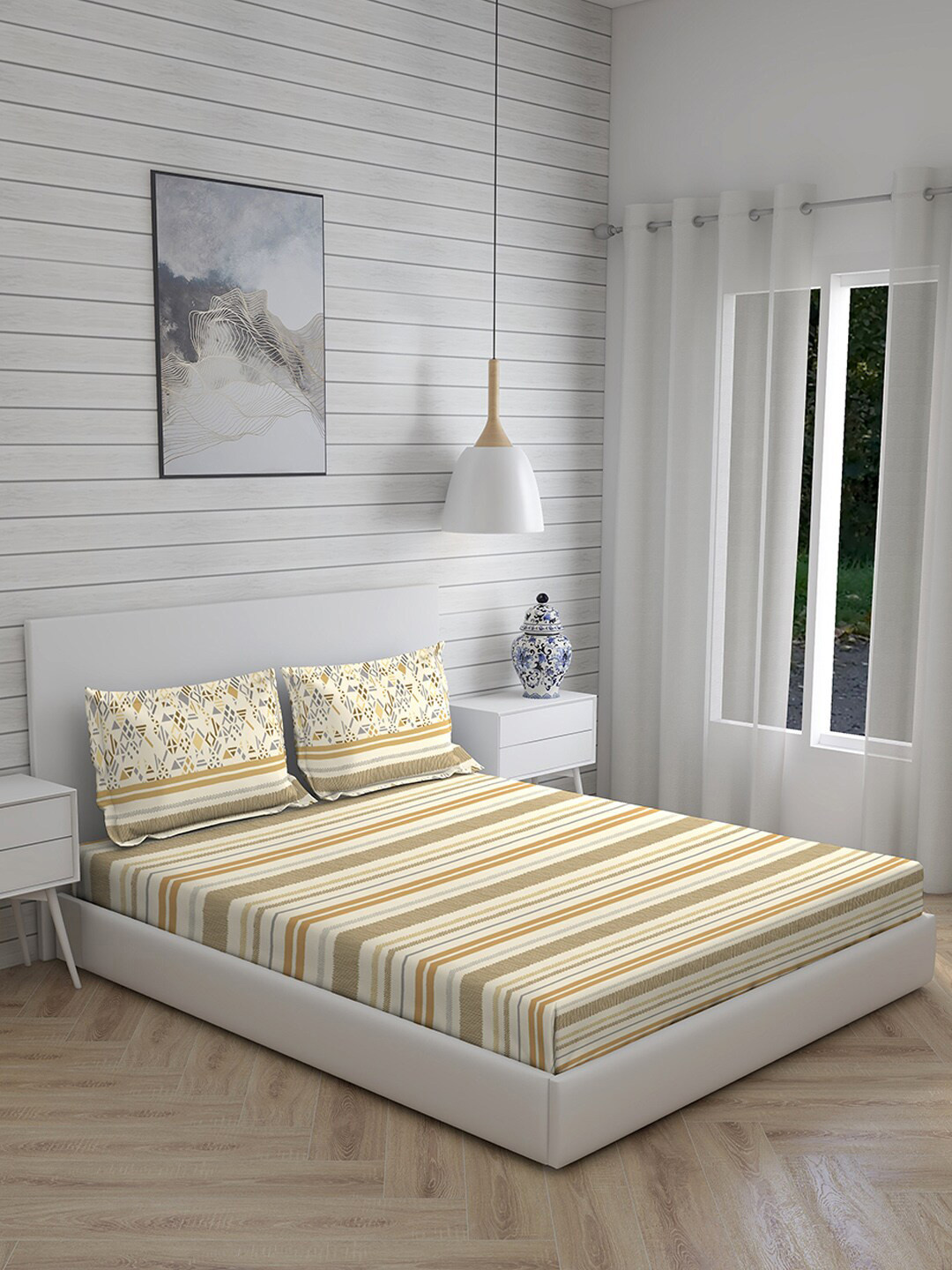 Layers Beige & Cream-Coloured Striped Roma 120 TC Cotton Queen Bedsheet & 2 Pillow Covers 
Layers Beige & Cream-Coloured Striped Roma 120 TC Cotton Queen Bedsheet & 2 Pillow Covers