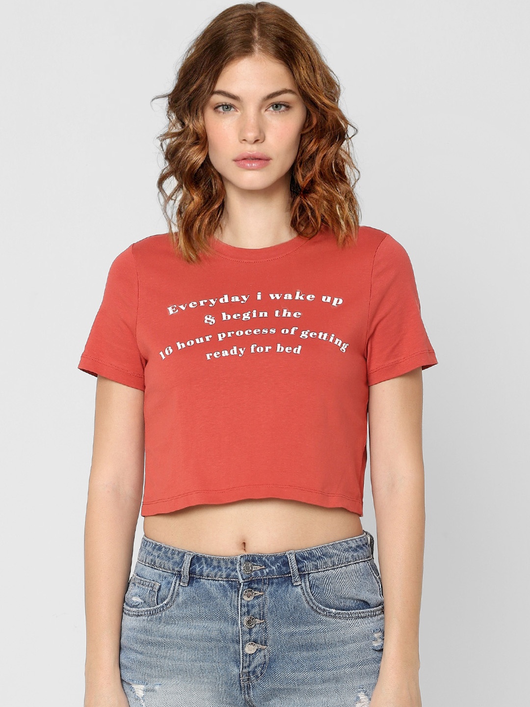 ONLY Women Red Typography Printed Pure Cotton T-shirt