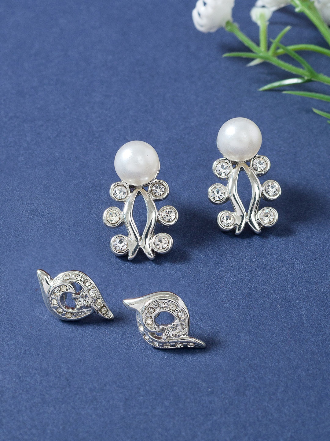 Golden Peacock Silver-Toned Geometric Studs Earrings
