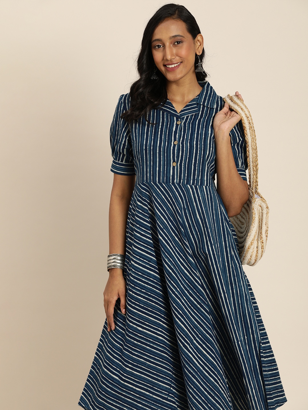 Taavi Blue & White Indigo Denim Multi Stripes Cuban Collar Pure Cotton Fit & Flare Dress
Taavi Blue & White Indigo Denim Multi Stripes Cuban Collar Pure Cotton Fit & Flare Dress