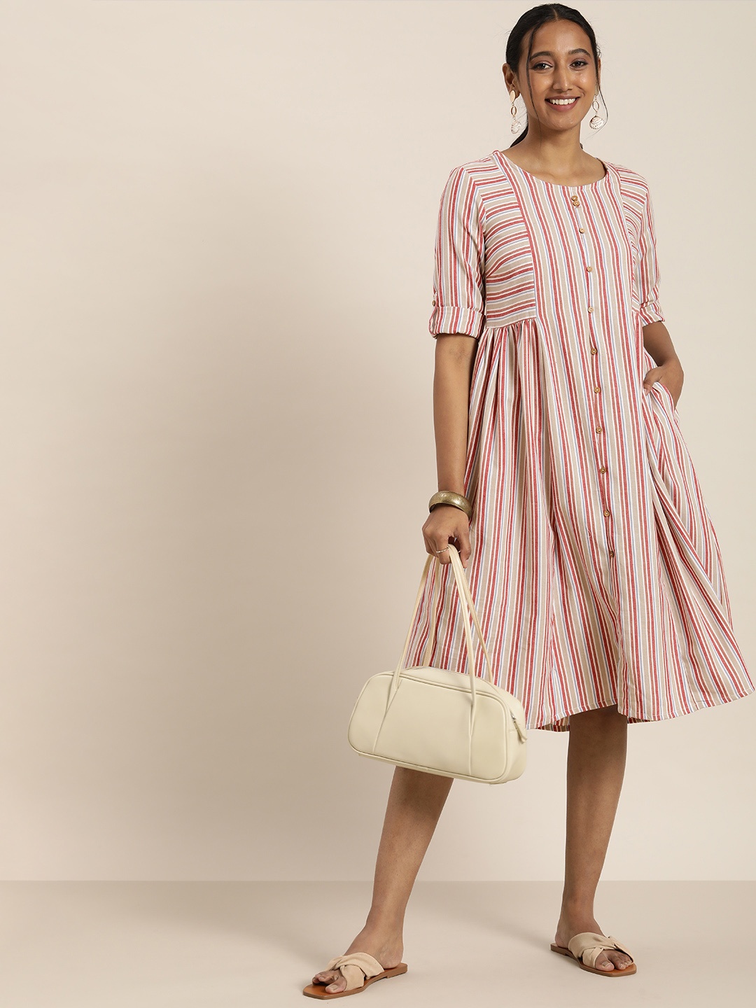 Taavi Women Beige & Red Woven Legacy Pure Cotton Roll-Up Sleeves A-Line Midi Dress
Taavi Women Beige & Red Woven Legacy Pure Cotton Roll-Up Sleeves A-Line Midi Dress
