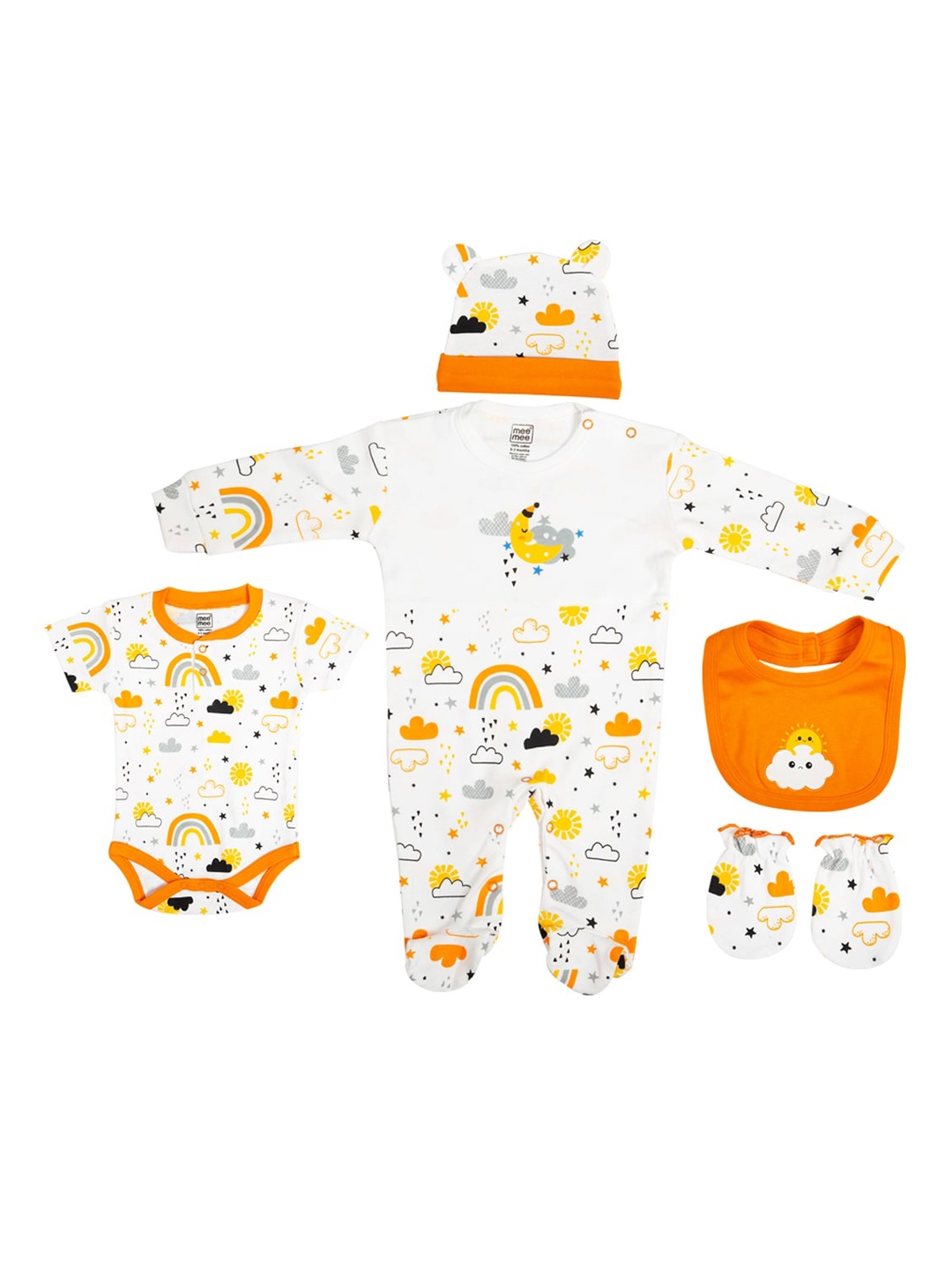 Mee Mee Pack Of 5 Orange & White Cotton Rompers