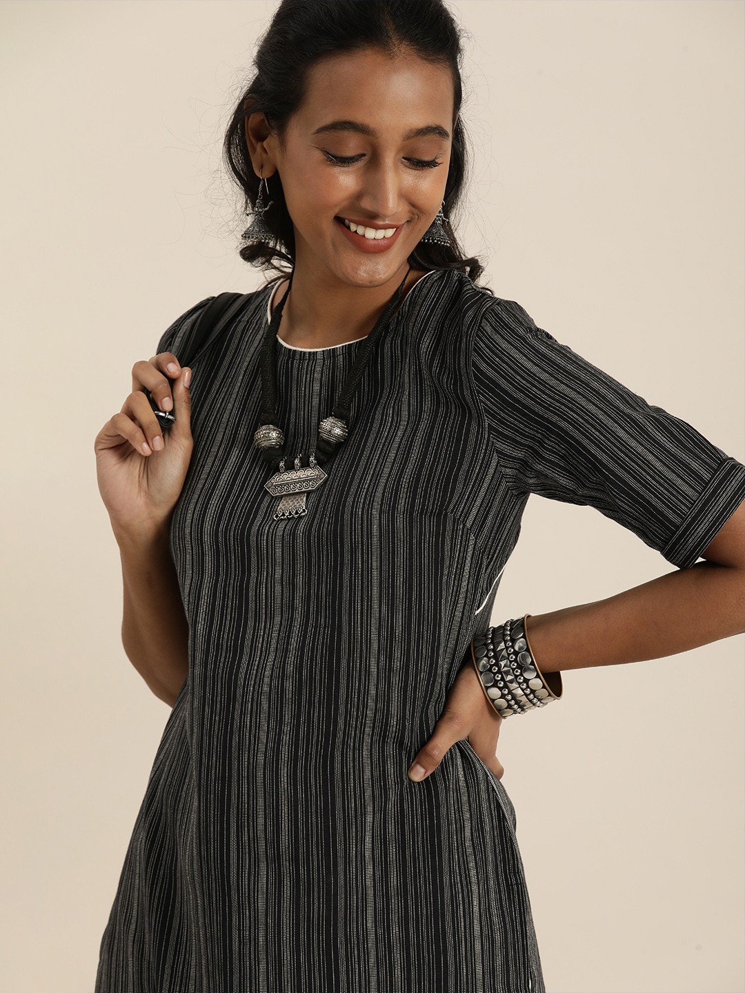 Taavi Woven Legacy Striped Pure Cotton Styled Back Kurta, Black