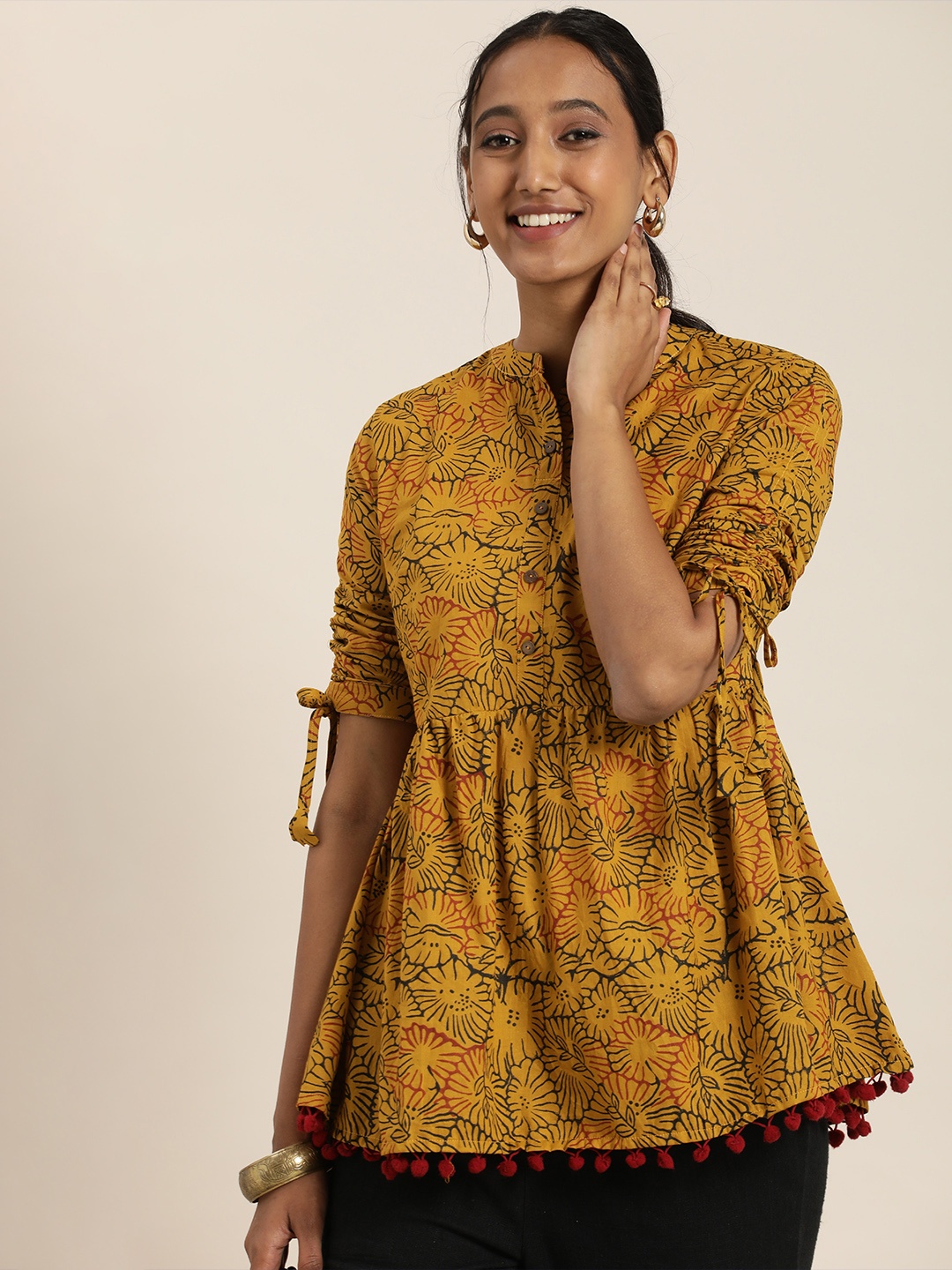 Taavi Mustard Yellow & Black Bagru Fossil Print Pure Cotton Tie-Up Sleeve Sustainable Top
Taavi Mustard Yellow & Black Bagru Fossil Print Pure Cotton Tie-Up Sleeve Sustainable Top