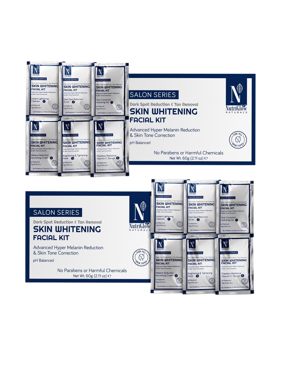 NutriGlow Naturals Set of 2 Skin Whitening Facial Kit for Skin Tone Correction 60gm each, White
NutriGlow Naturals Set of 2 Skin Whitening Facial Kit for Skin Tone Correction 60gm each, White