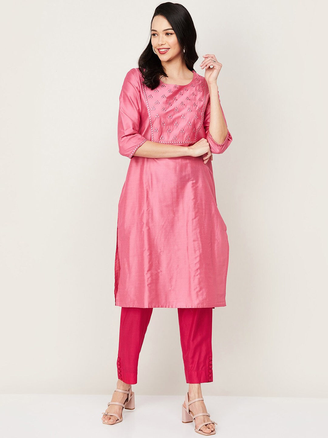 Melange by Lifestyle Women Pink Geometric Embroidered Thread Work Kurta