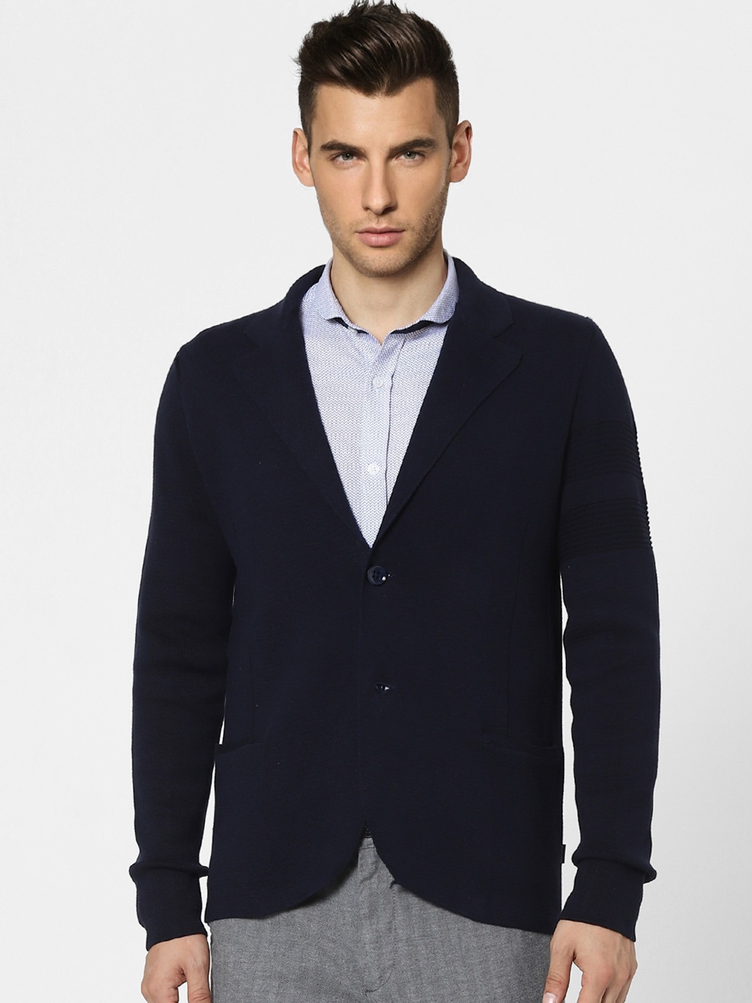 Jack & Jones Navy Blue Cotton Blend Regular Fit Blazers