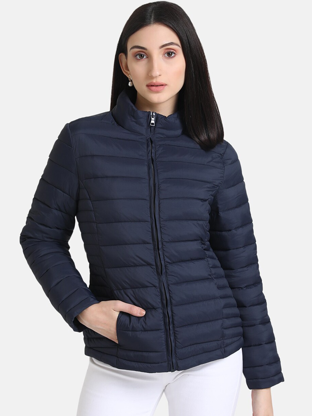Kazo Women Navy Blue Striped Lightweight Puffer Jacket
