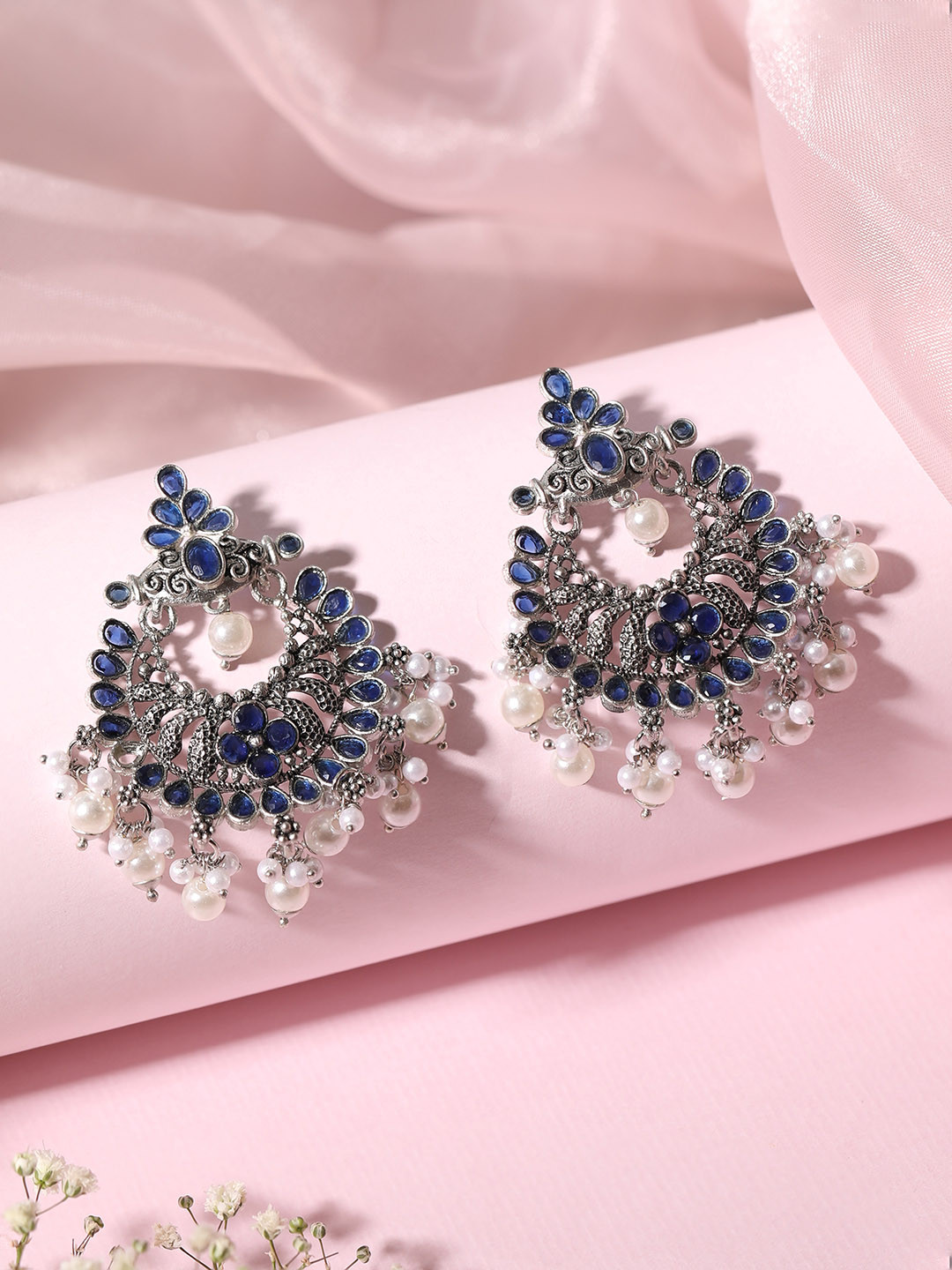 Rubans Silver-Toned & Blue Stone Studded Circular Chandbalis Earrings 
Rubans Silver-Toned & Blue Stone Studded Circular Chandbalis Earrings