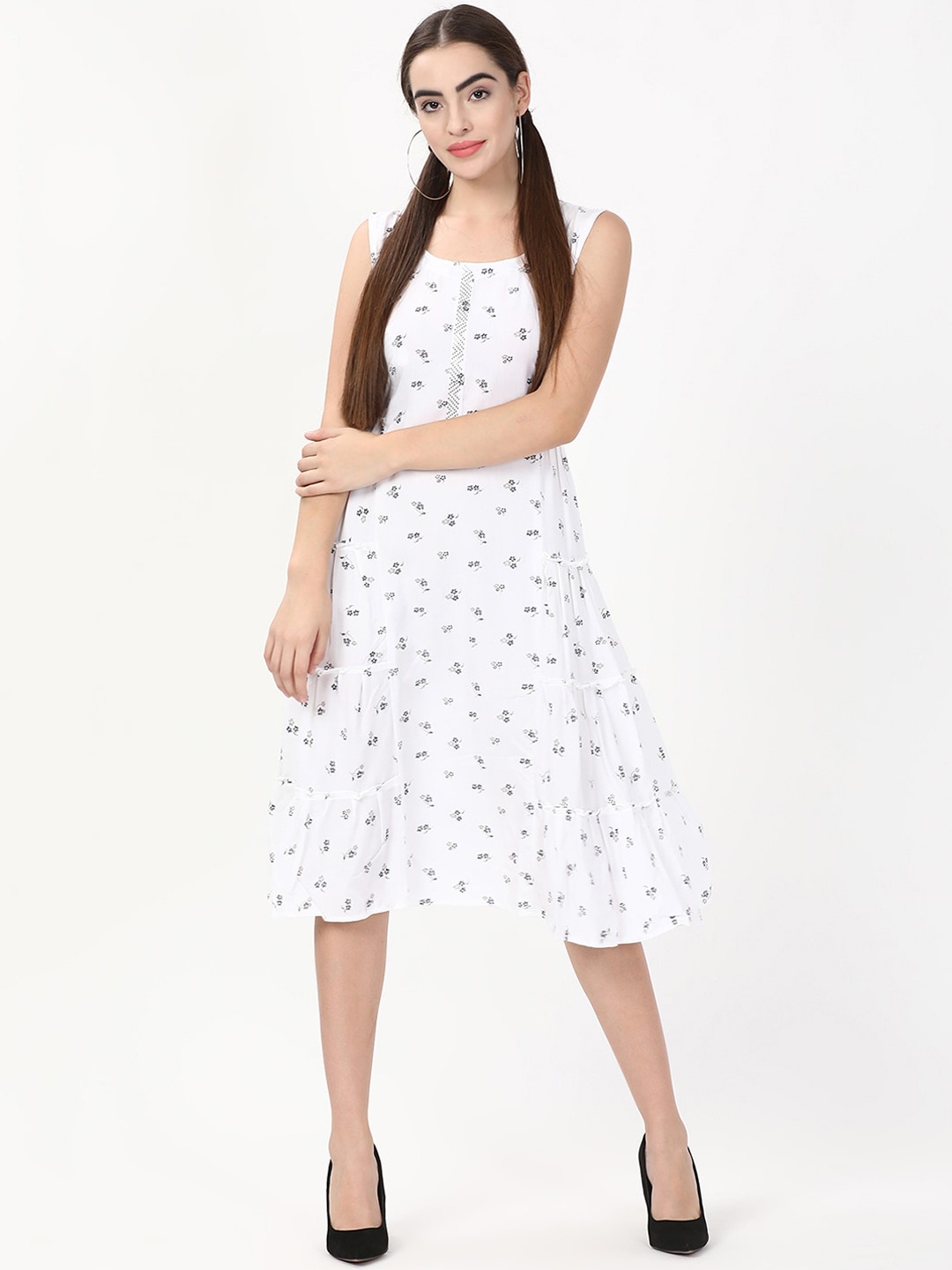 V2 Value & Variety White Floral A-Line Midi Dress