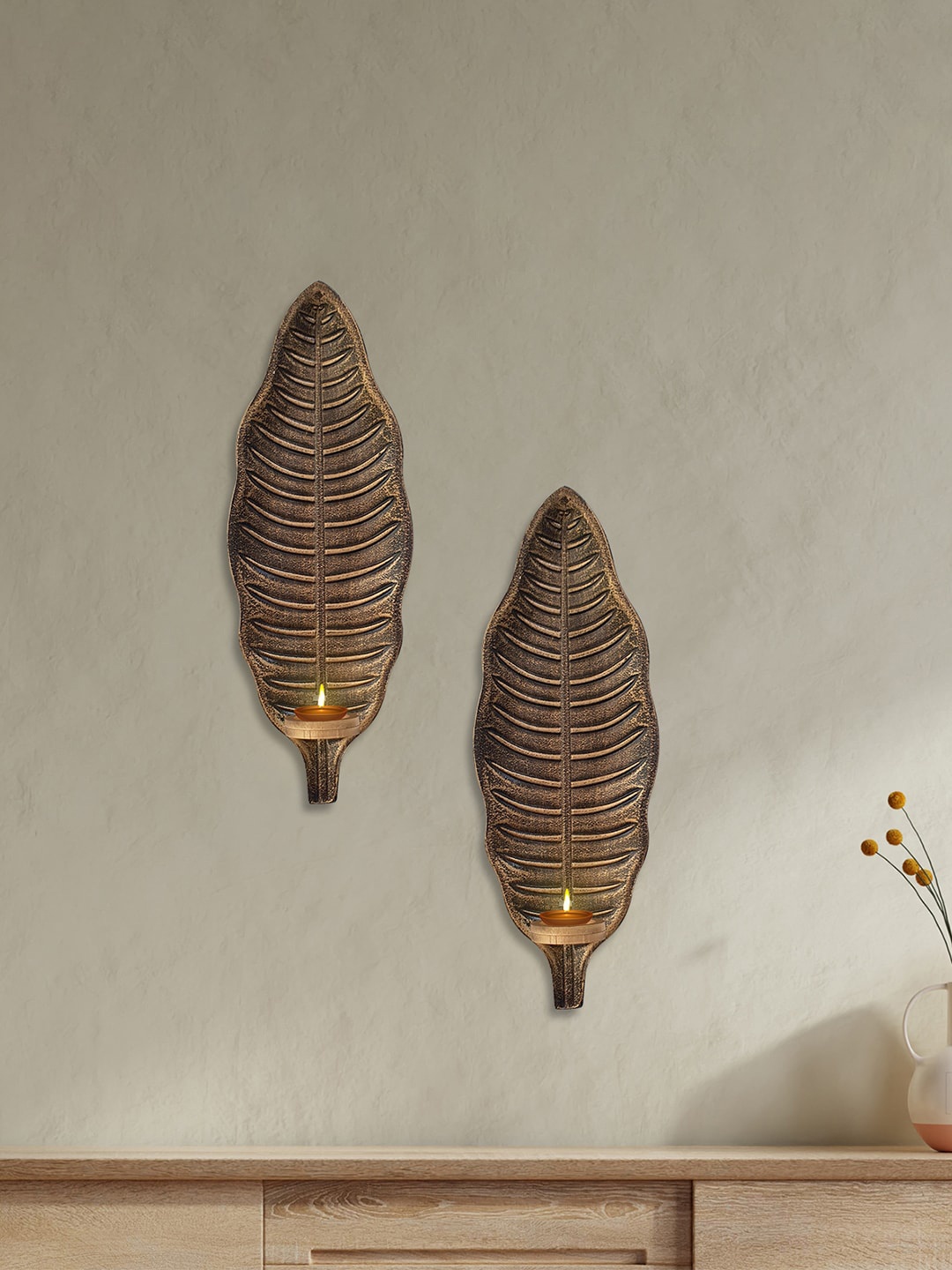 Art Street Set of 2 Leaf Shape Tea Light Holders, Black