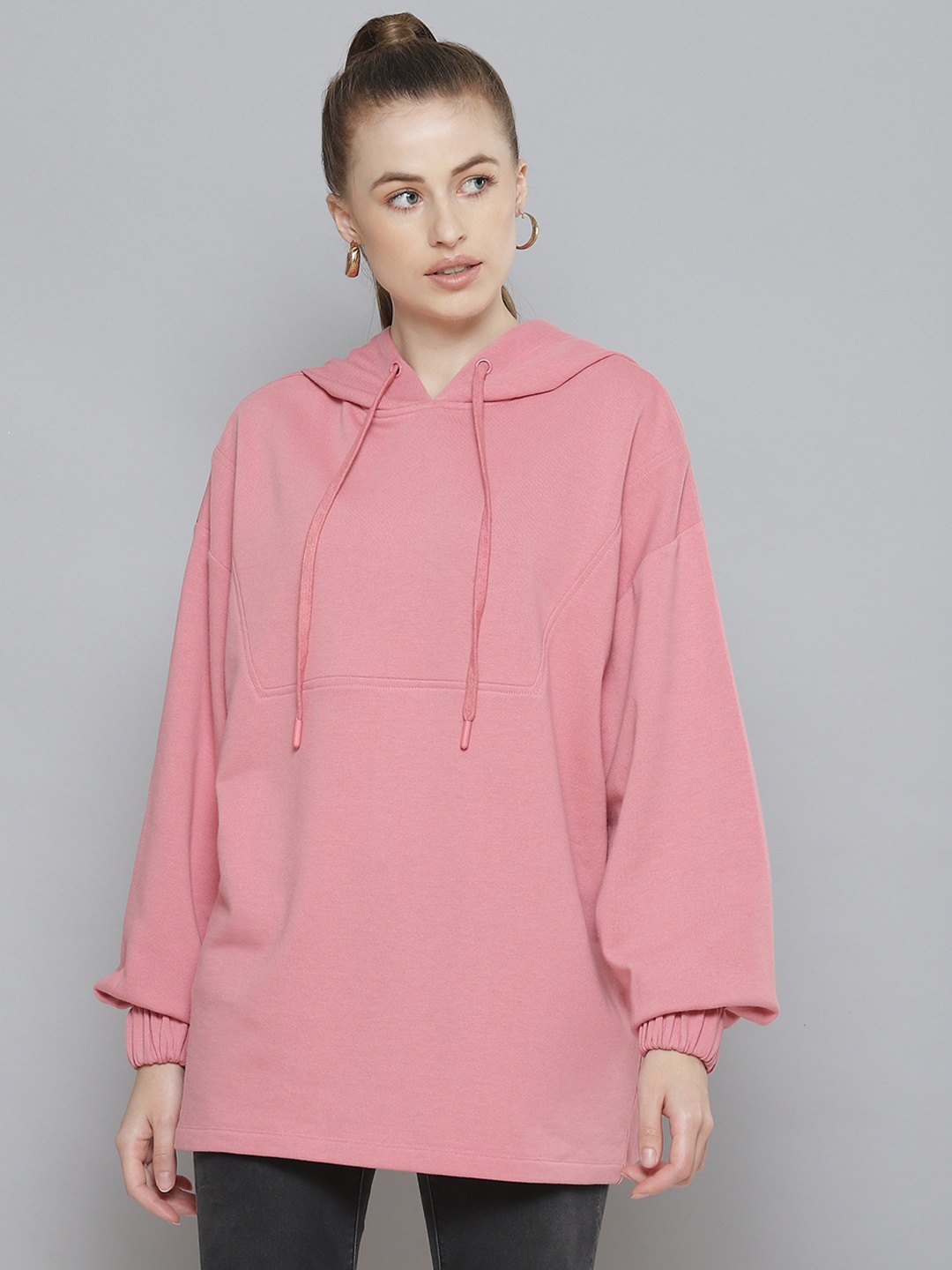 Femella Women Pink Oversized Yoke Hooded Longline Sweatshirt