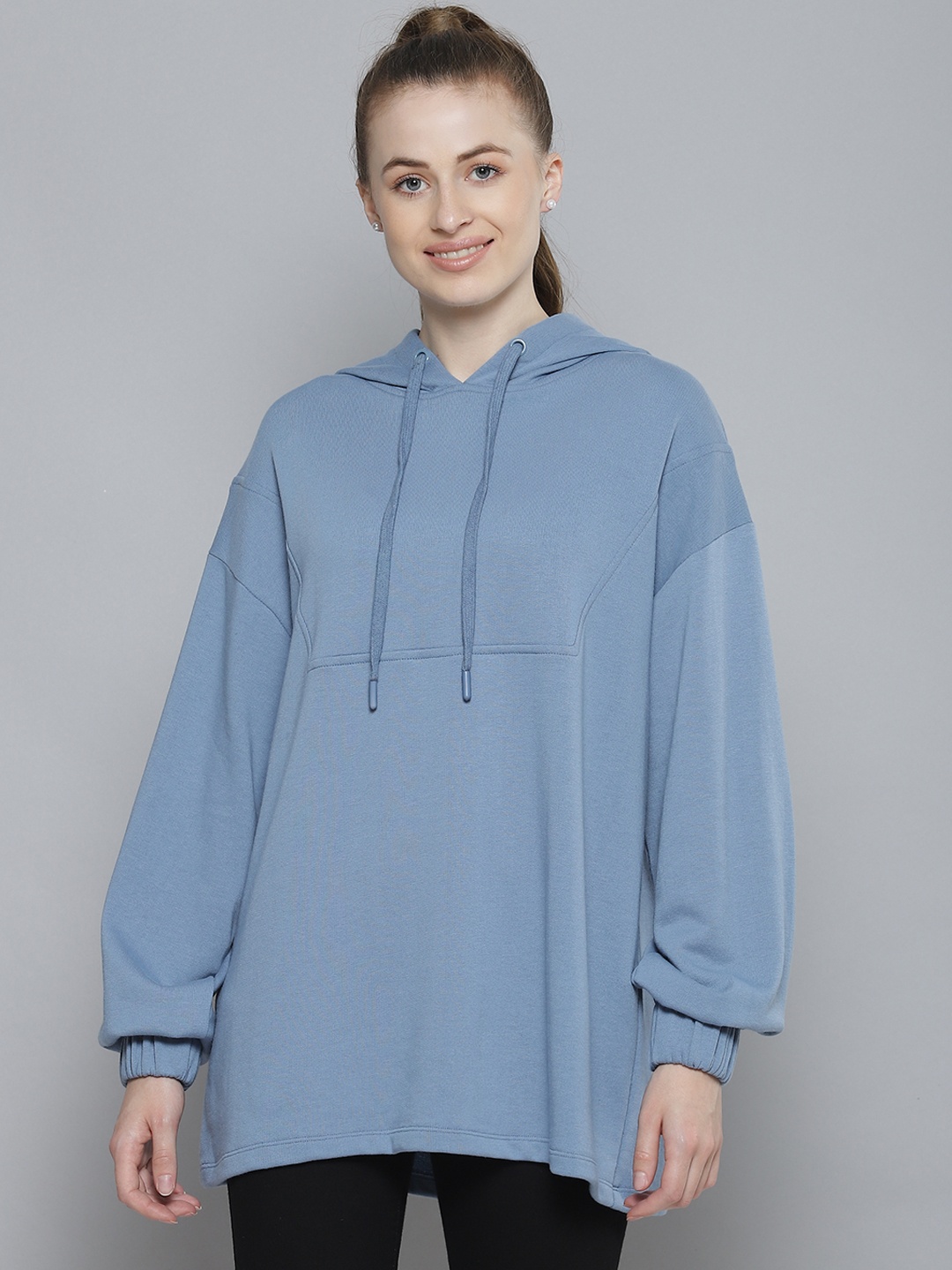 Femella Women Blue Oversized Yoke Longline Hooded Sweatshirt