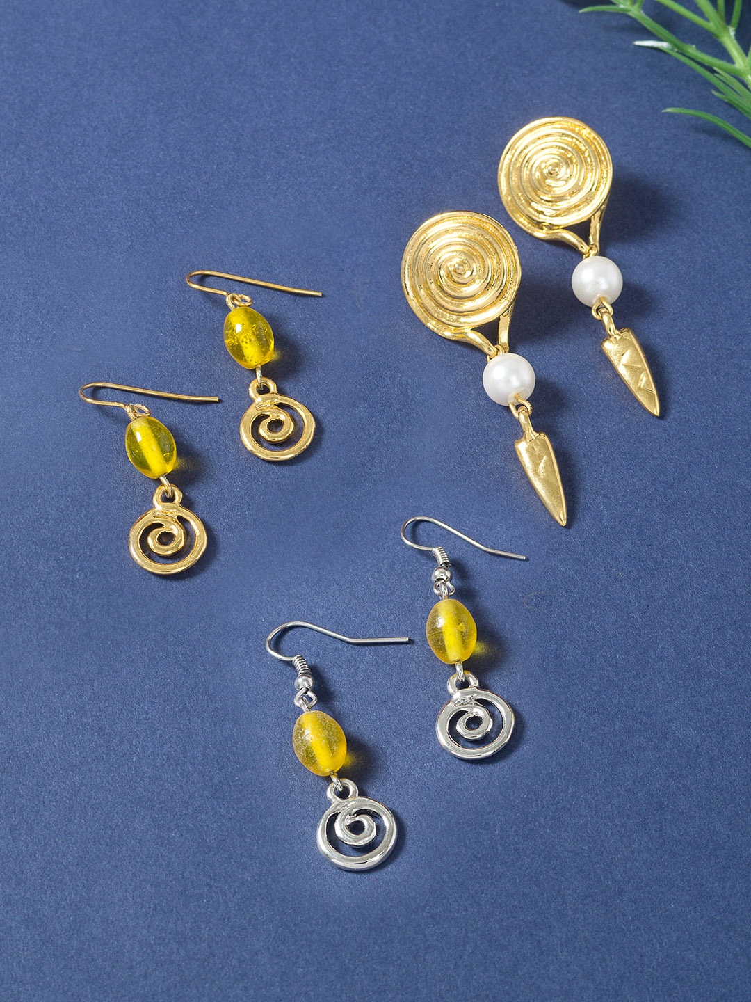 Golden Peacock Set of 3 Gold-Toned & White Geometric Drop Earrings