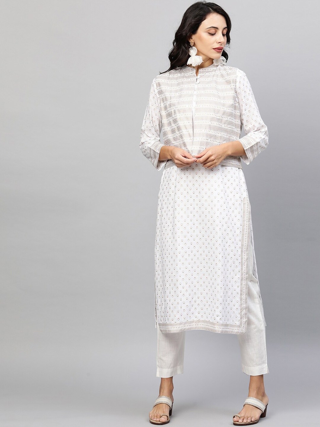 FASHOR Women White Geometric Printed Kurta With Jacket