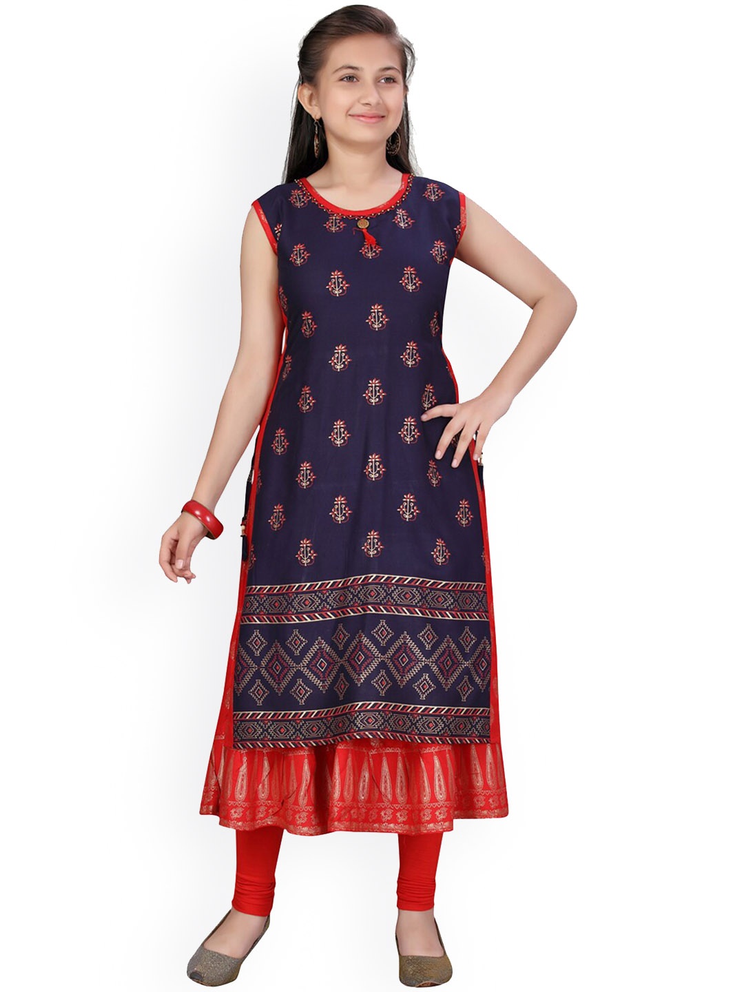 Aarika Girls Navy Blue Ethnic Motifs Printed Layered Pure Cotton Kurta with Churidar
Aarika Girls Navy Blue Ethnic Motifs Printed Layered Pure Cotton Kurta with Churidar
