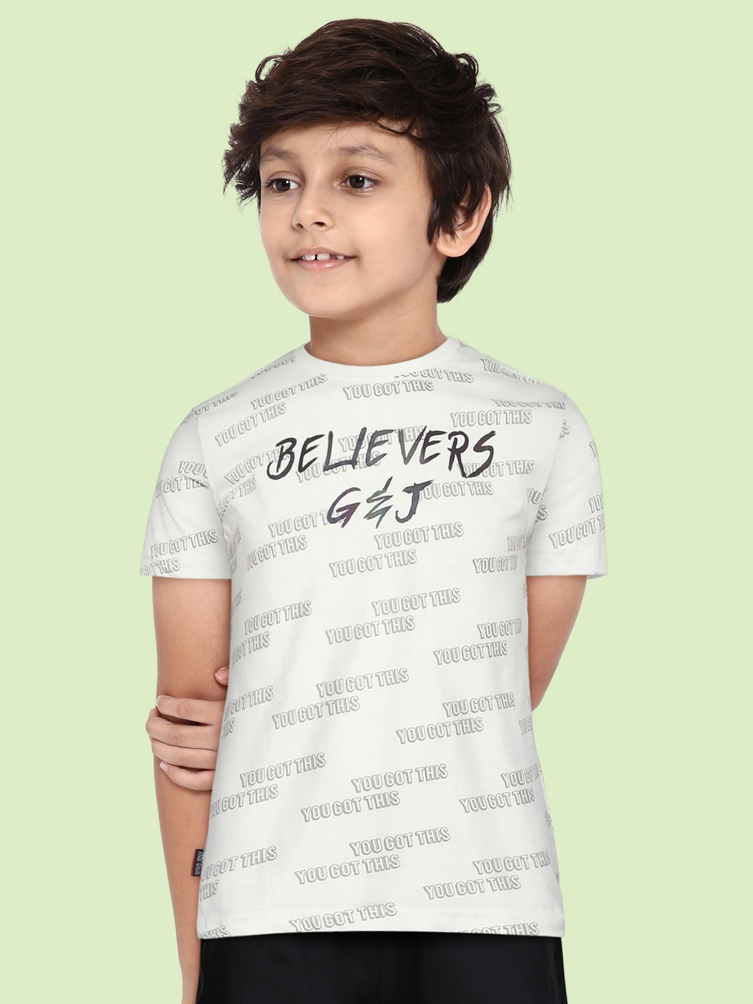 Gini and Jony Boys White & Grey Cotton Typography Printed T-shirt