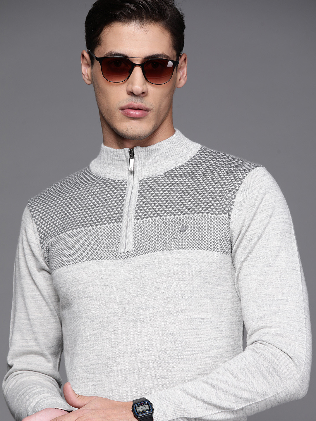 Louis Philippe Men Grey Self-Design Pullover with Embroidered Detail 
Louis Philippe Men Grey Self-Design Pullover with Embroidered Detail
