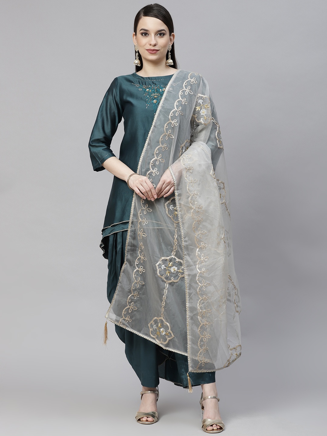 mokshi Grey Organza Foil Print Dupatta with Gotta Patti