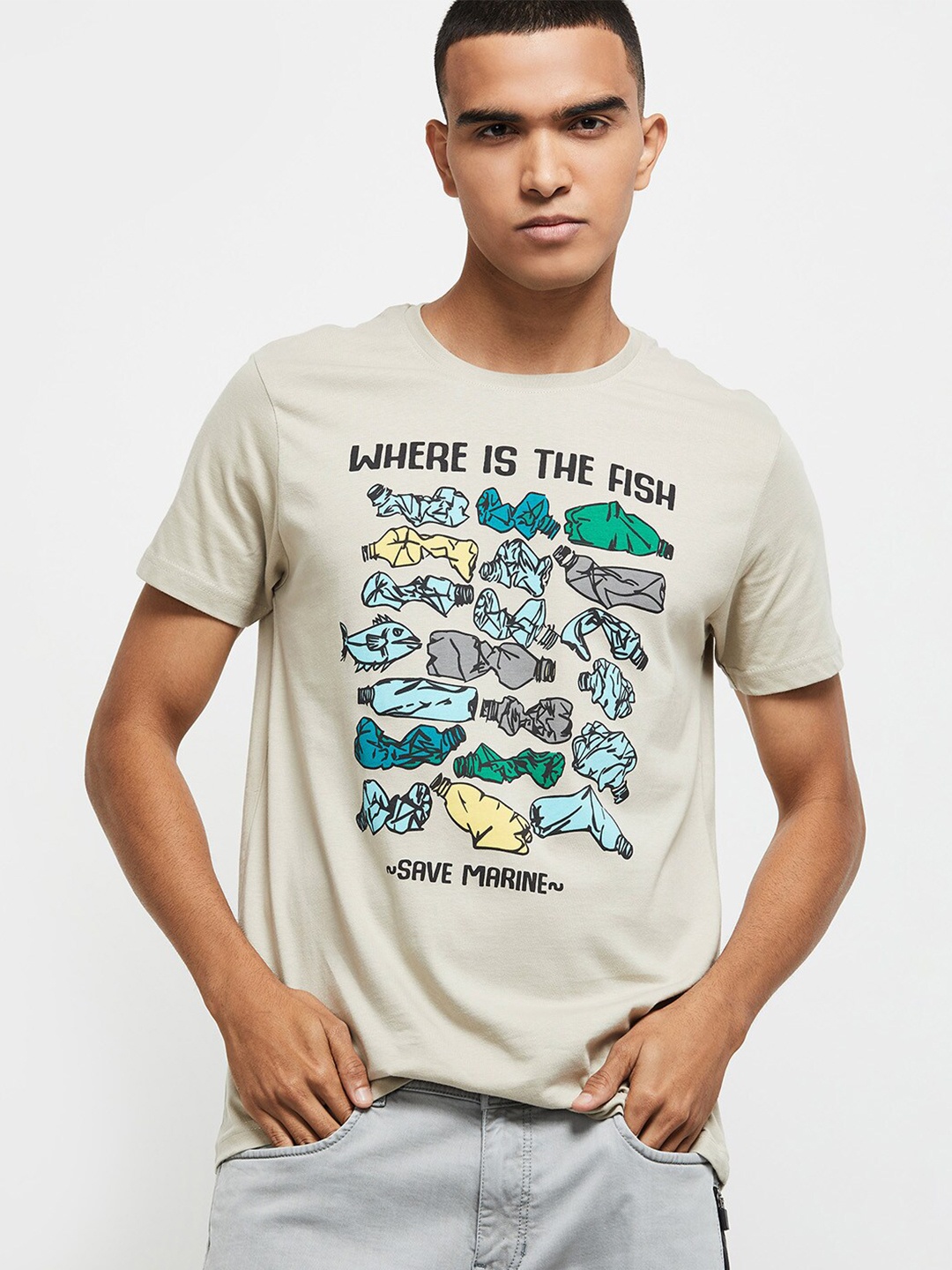 max Men Grey & Black Printed Round Neck T-shirt