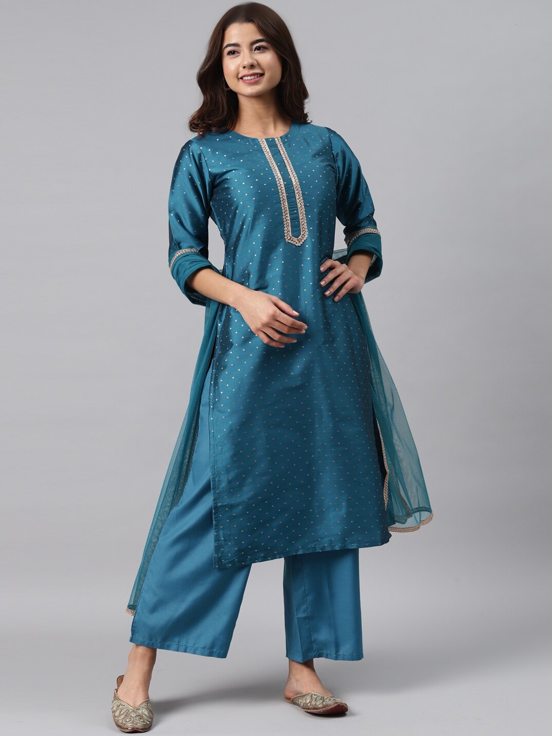 GERUA Women Blue Printed Regular Kurta with Trousers & Net Dupatta
