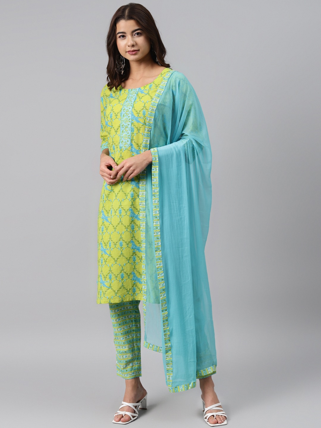 Gerua By Libas Women Lime Green Blue Ethnic Printed Pure Cotton Kurta with Trousers Dupatta
Gerua By Libas Women Lime Green Blue Ethnic Printed Pure Cotton Kurta with Trousers Dupatta