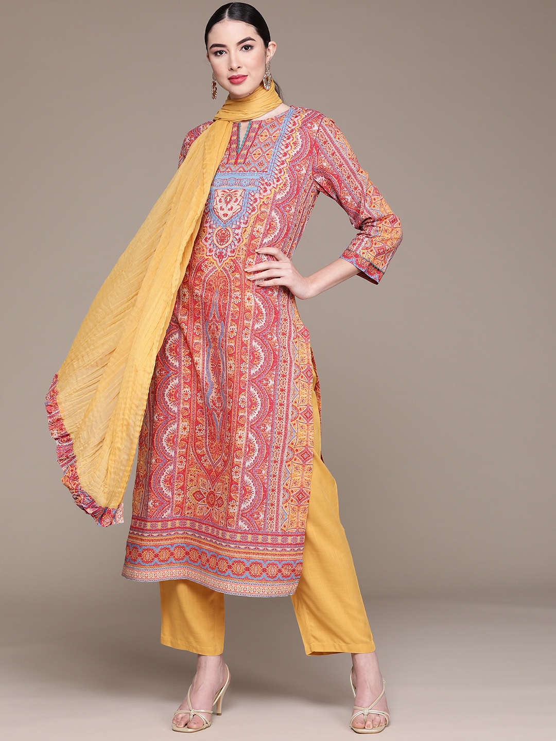 aarke Ritu Kumar Women Pink & Mustard Yellow Ethnic Print Kurta with Trousers & Dupatta
aarke Ritu Kumar Women Pink & Mustard Yellow Ethnic Print Kurta with Trousers & Dupatta