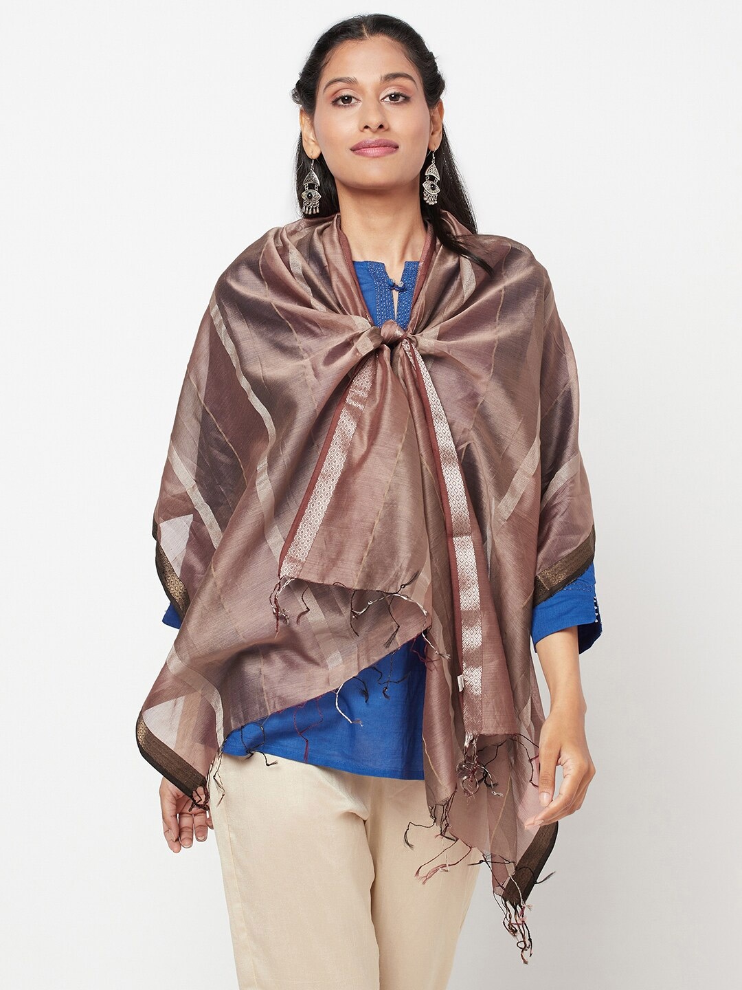 Fabindia Women Brown & Silver-Toned Woven Design Cotton Silk Stole