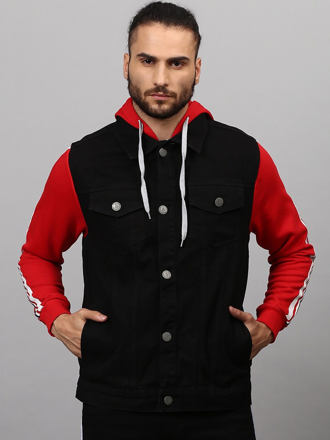 Campus Sutra Men Black Windcheater Outdoor Denim Jacket with Patchwork