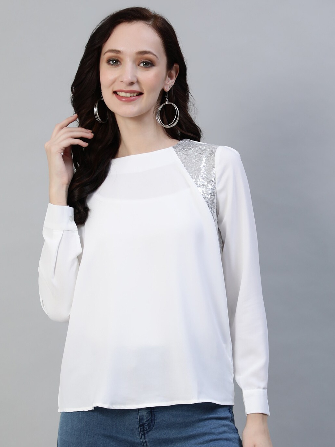 Ishin Women White Solid Round Neck Regular Top