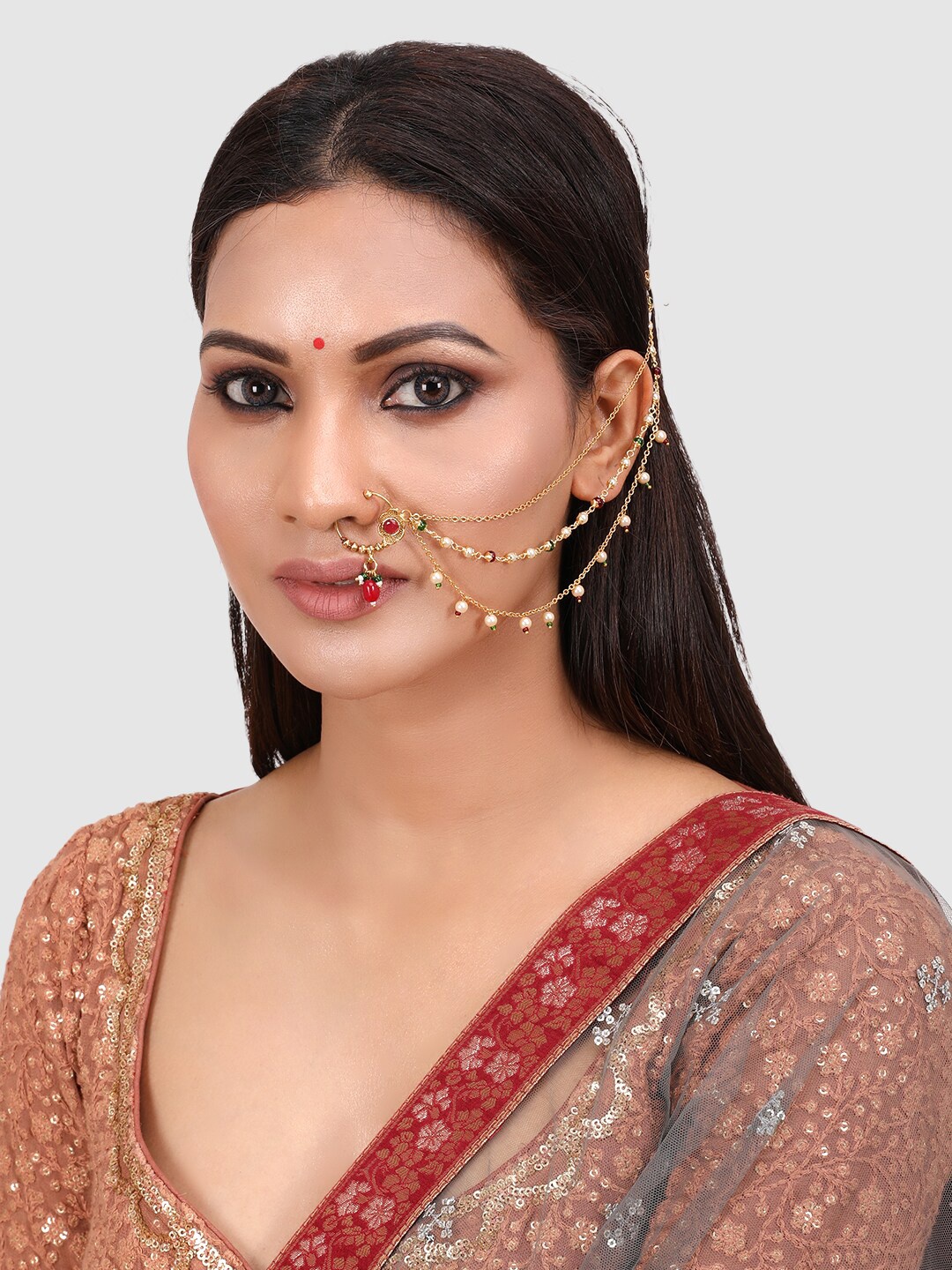 PENNY JEWELS Red & Green Gold-Plated Handcrafted Stone and Pearl-Studded Chained Nose Ring
PENNY JEWELS Red & Green Gold-Plated Handcrafted Stone and Pearl-Studded Chained Nose Ring