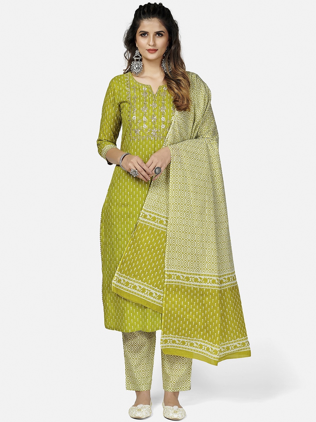 Vbuyz Women Green Ethnic Motifs Printed Panelled Thread Work Pure Cotton Kurti with Palazzos & With Dupatta
Vbuyz Women Green Ethnic Motifs Printed Panelled Thread Work Pure Cotton Kurti with Palazzos & With Dupatta