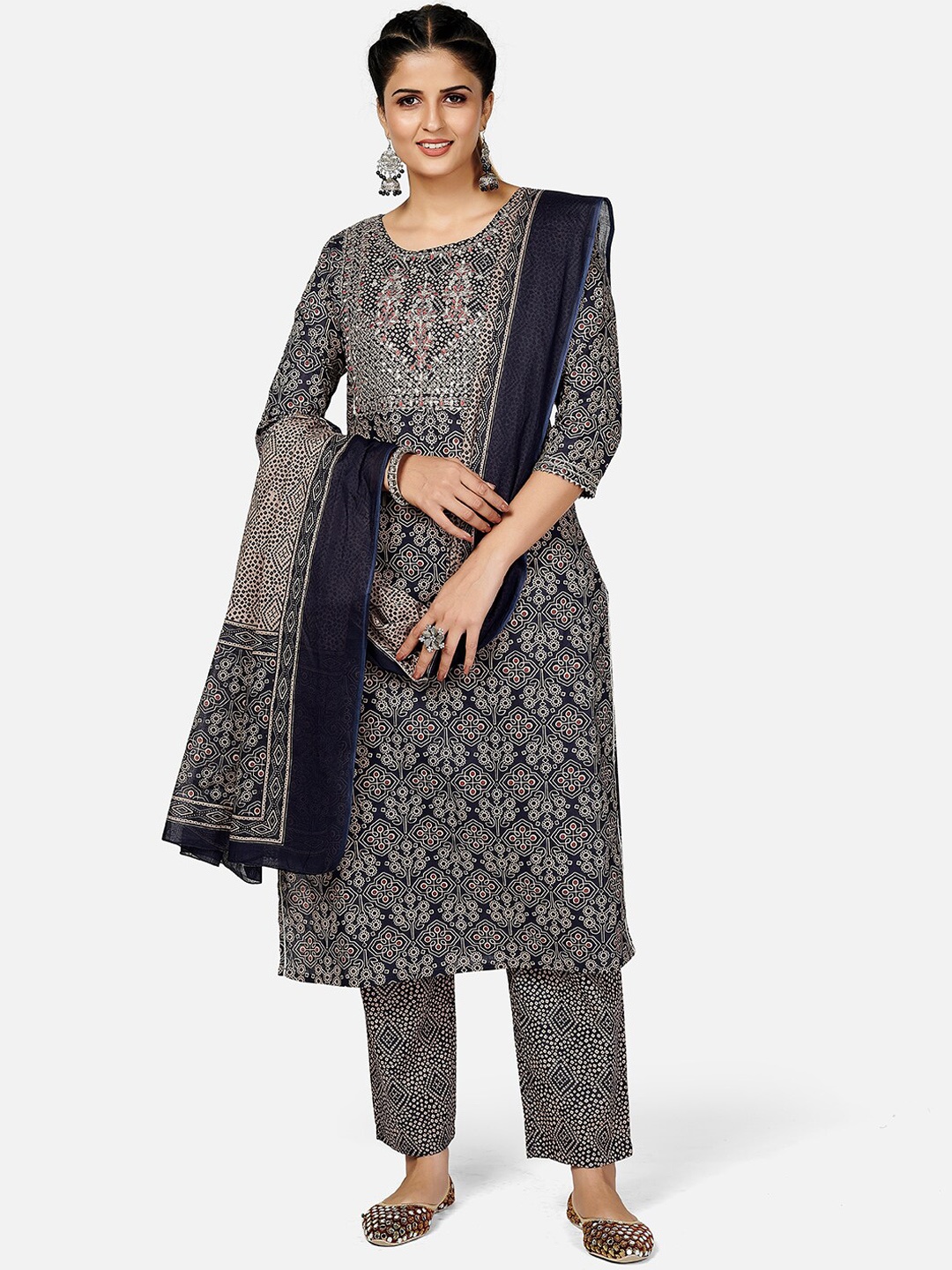 Vbuyz Women Blue Ethnic Motifs Printed Regular Sequinned Pure Cotton Kurti with Trousers & With Dupatta
Vbuyz Women Blue Ethnic Motifs Printed Regular Sequinned Pure Cotton Kurti with Trousers & With Dupatta