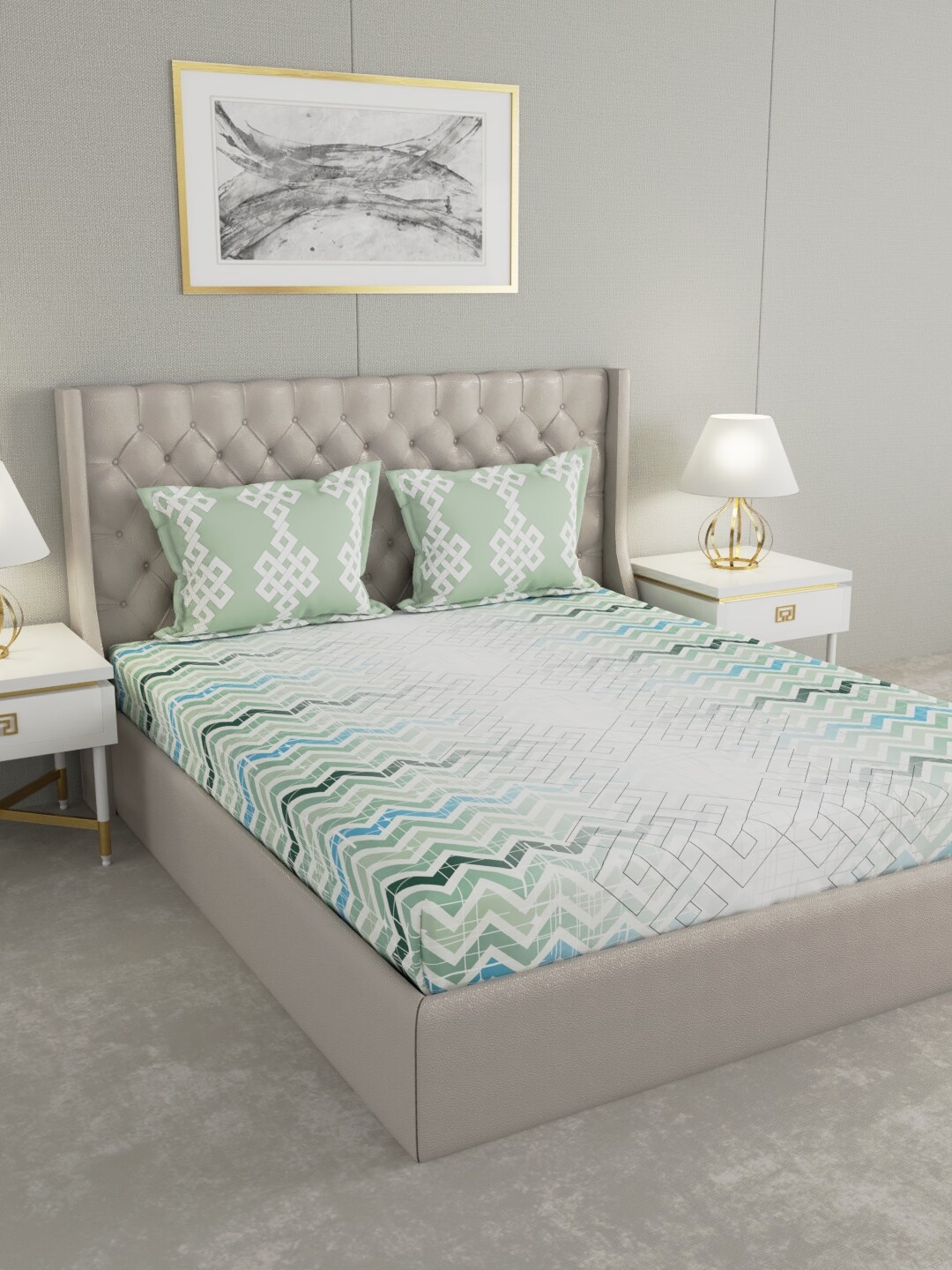 Raymond Home Grey & Blue Geometric Cotton 140 TC Queen Bedsheet With 2 Pillow Covers
Raymond Home Grey & Blue Geometric Cotton 140 TC Queen Bedsheet With 2 Pillow Covers