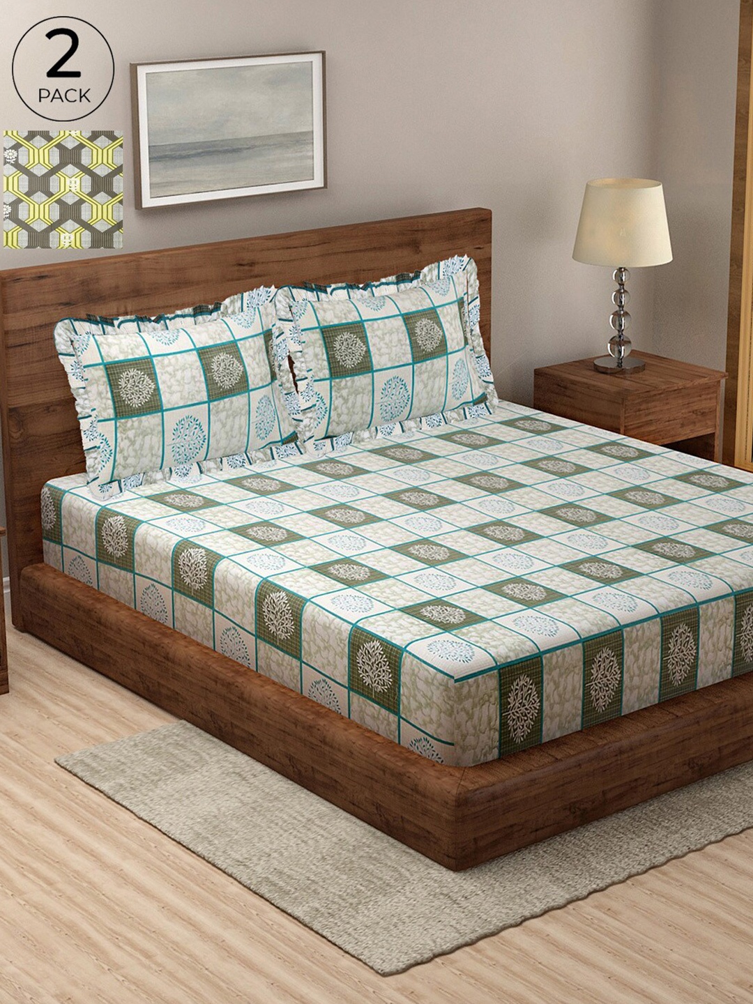 KLOTTHE Geometric 300 TC Pure Cotton 2 Double Bedsheet with 4 Frilled Pillow Covers, Green
KLOTTHE Geometric 300 TC Pure Cotton 2 Double Bedsheet with 4 Frilled Pillow Covers, Green